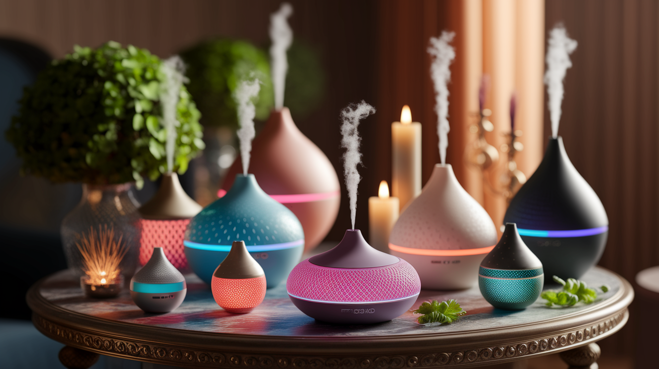 Size Matters: Find Your Perfect Diffuser Match, in the style of Use shallow depth of field with selective focus to create a professional, intimate feel Employ warm. Focus on the core subject of 'Size Matters: Find Your Perfect Diffuser Match'. Ensure the image is relevant to this section.