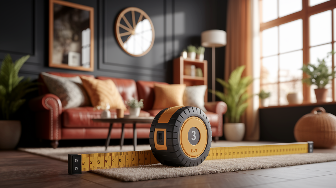 Measure Your Space: Room Size & Coverage, in the style of Use shallow depth of field with selective focus to create a professional, intimate feel Employ warm. Focus on the core subject of 'Measure Your Space: Room Size & Coverage'. Ensure the image is relevant to this section.