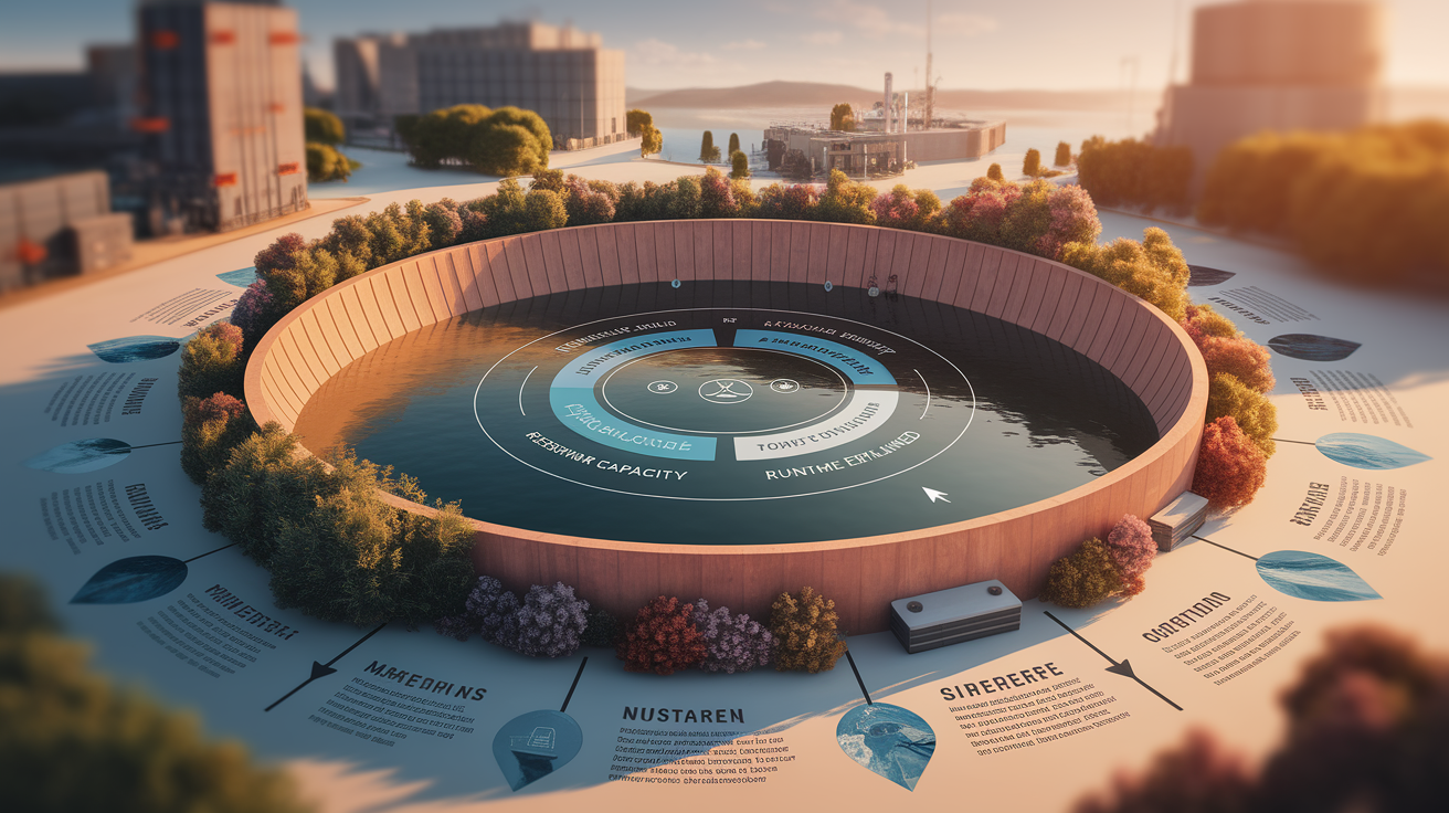 Reservoir Capacity & Runtime Explained, in the style of Use shallow depth of field with selective focus to create a professional, intimate feel Employ warm. Focus on the core subject of 'Reservoir Capacity & Runtime Explained'. Ensure the image is relevant to this section.