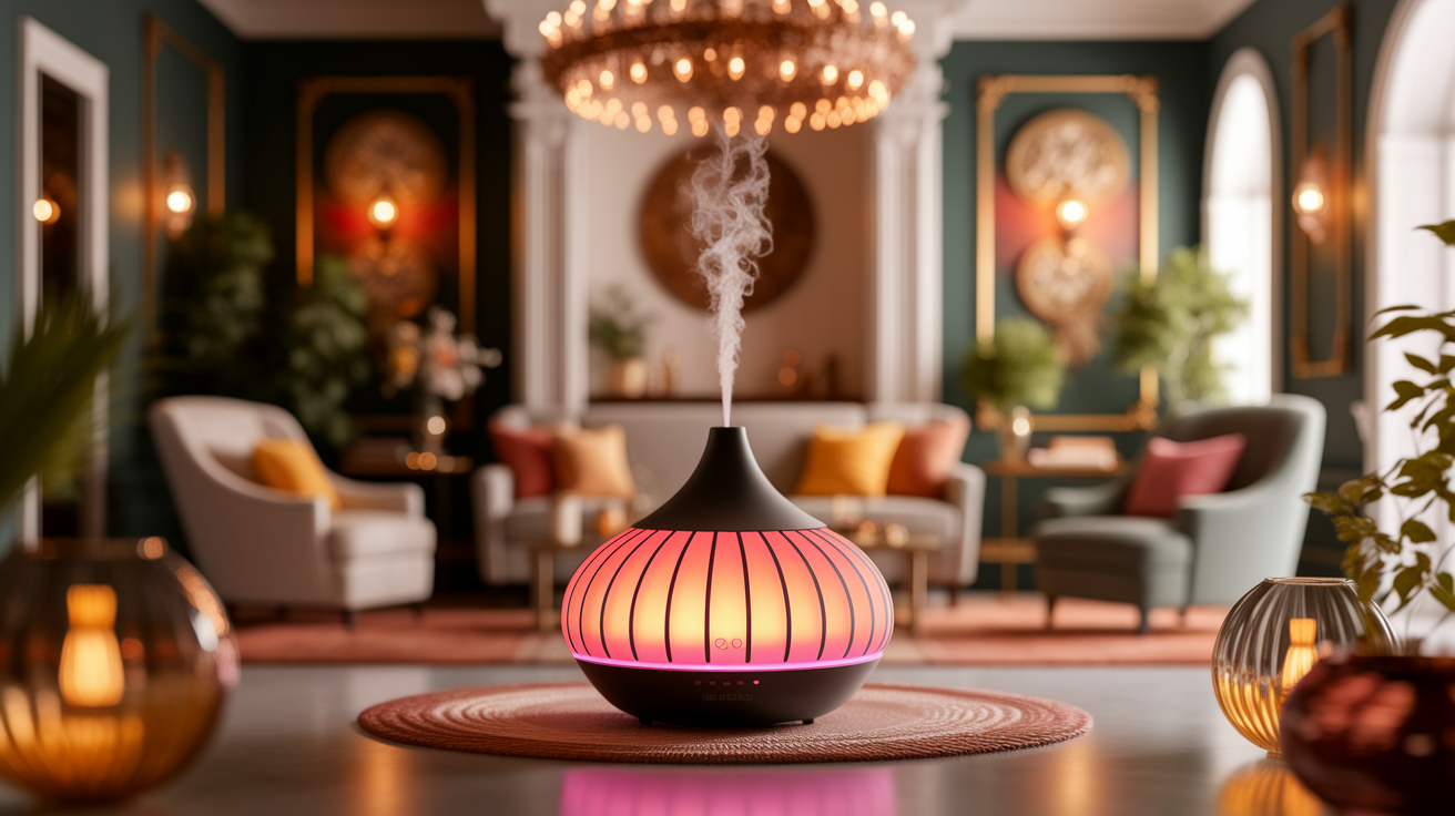 Match Diffuser Size to Room Type, in the style of Use shallow depth of field with selective focus to create a professional, intimate feel Employ warm. Focus on the core subject of 'Match Diffuser Size to Room Type'. Ensure the image is relevant to this section.