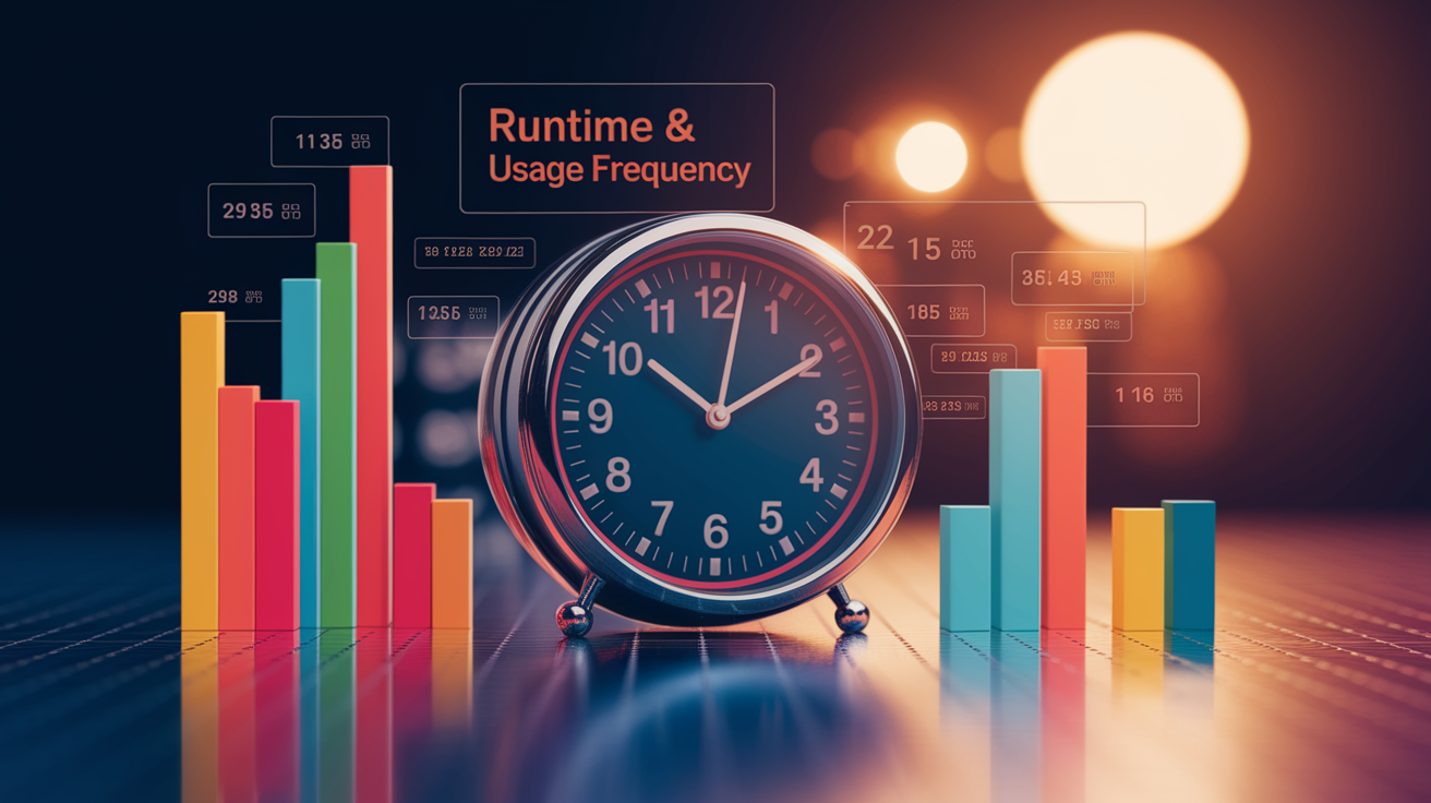 Runtime & Usage Frequency, in the style of Use shallow depth of field with selective focus to create a professional, intimate feel Employ warm. Focus on the core subject of 'Runtime & Usage Frequency'. Ensure the image is relevant to this section.