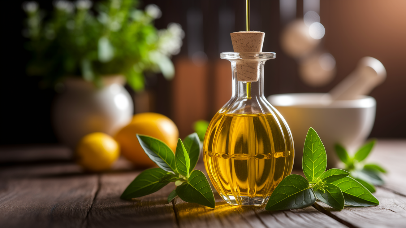 Quick Dip: Why Melissa Oil Costs a Premium, in the style of Use shallow depth of field with selective focus to create a professional, intimate feel  Employ warm. Focus on the core subject of 'Quick Dip: Why Melissa Oil Costs a Premium'. Ensure the image is relevant to this section.