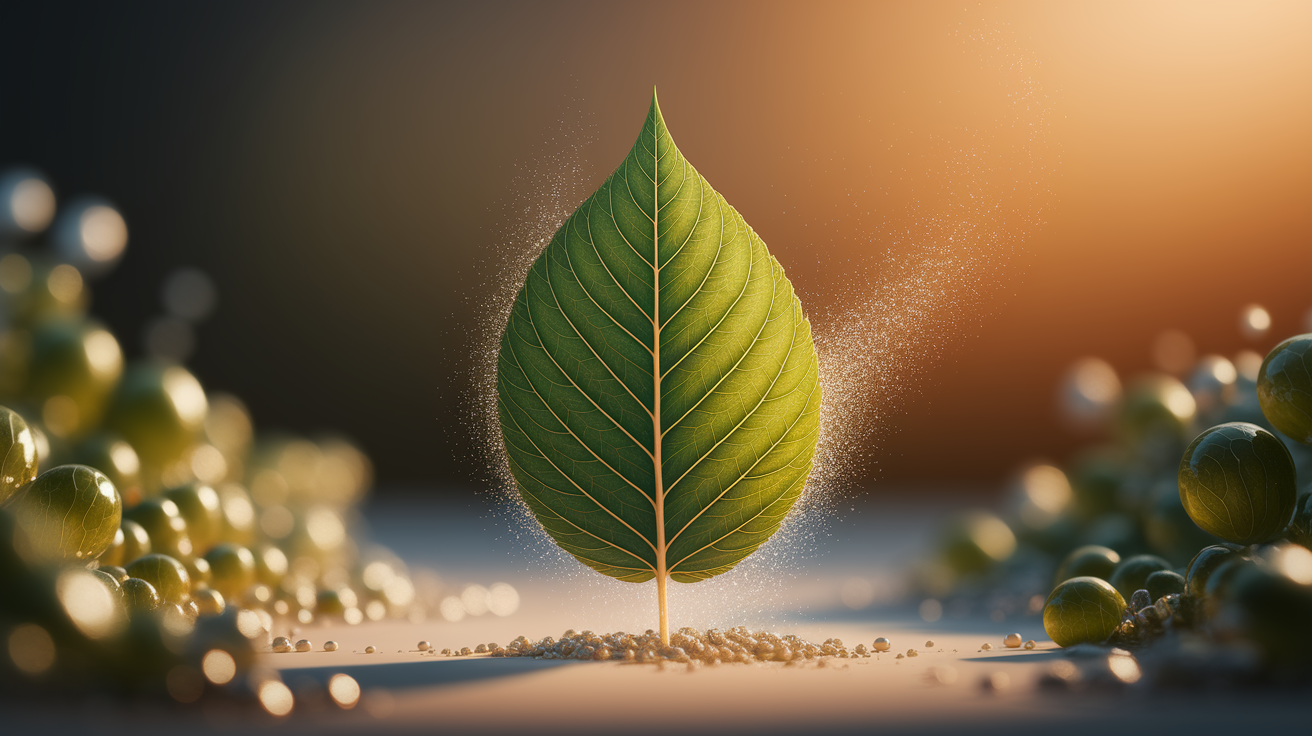Conceptual illustration: A single, crisp, emerald-green leaf, perfectly sharp in the foreground, subtly exhaling a gentle, shimmering mist that instantly dissolves into a background of soft, diffused, warm light and blurred, abstract organic shapes. The leaf is central and bathed in a golden-hour glow, highlighting its intricate veins. **Visualize the main ideas: Instantaneous clarity, organic freshness, effortless purification.** Style: Employ extremely shallow depth of field with hyper-selective focus on the leaf. Use a warm, inviting color palette dominated by greens, golds, and soft whites. Professional, high-quality, photo-realistic rendering with exquisite detail on the leaf's texture. Clean, minimalist composition with ample negative space. Soft, diffused, high-key lighting. Sharp focus on the subject, creating an intimate and professional feel. Well-composed and balanced. ultra details, photographic realism