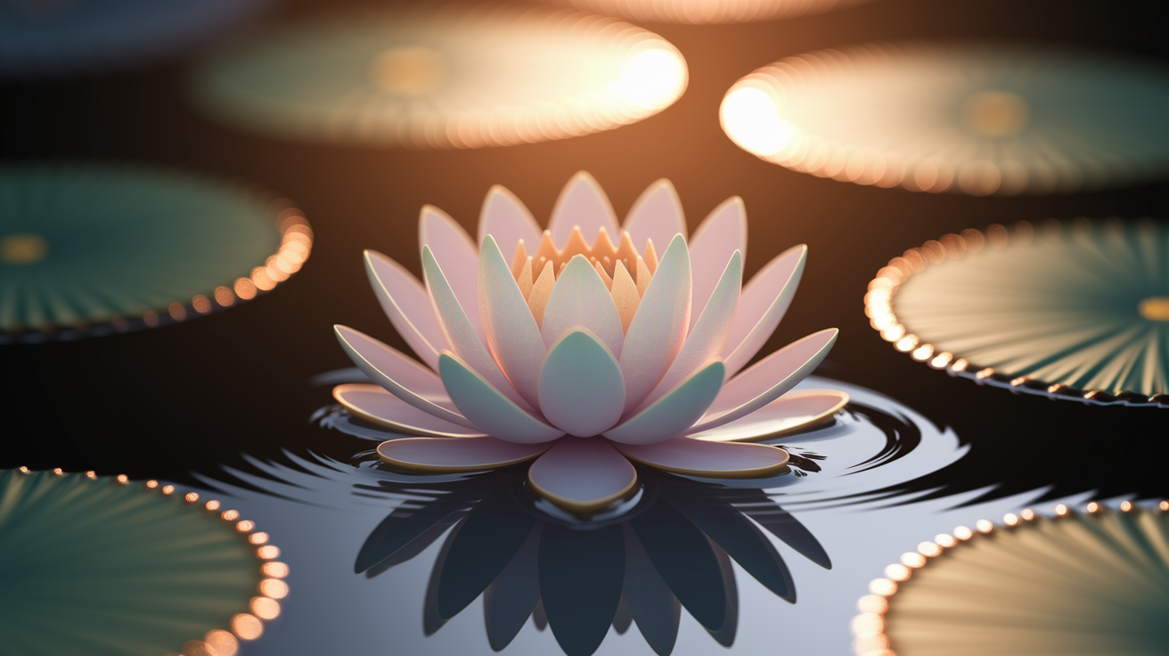 A highly detailed, conceptual illustration depicting profound mental clarity and unwavering focus. Visualize a single, pure white lotus flower gracefully emerging from slightly rippling, crystal-clear water. A gentle, warm light source illuminates the lotus from above, casting soft shadows that emphasize its delicate form. The surrounding water subtly reflects the light. The composition utilizes a shallow depth of field with pinpoint selective focus directly on the center of the lotus, creating an intimate, professional feel. The background is softly blurred, hinting at a serene, nondescript environment that doesn't distract. Use warm, inviting color tones with high contrast on the lotus itself to highlight its purity and strength. Ensure a clean, well-composed layout with a high level of detail in the lotus petals and water subtle motion. Maintain overall sharp focus on the subject and excellent lighting for a professional, high-quality rendering. Style: photo illustration, warm lighting, detailed, professional, clean composition, good lighting, sharp