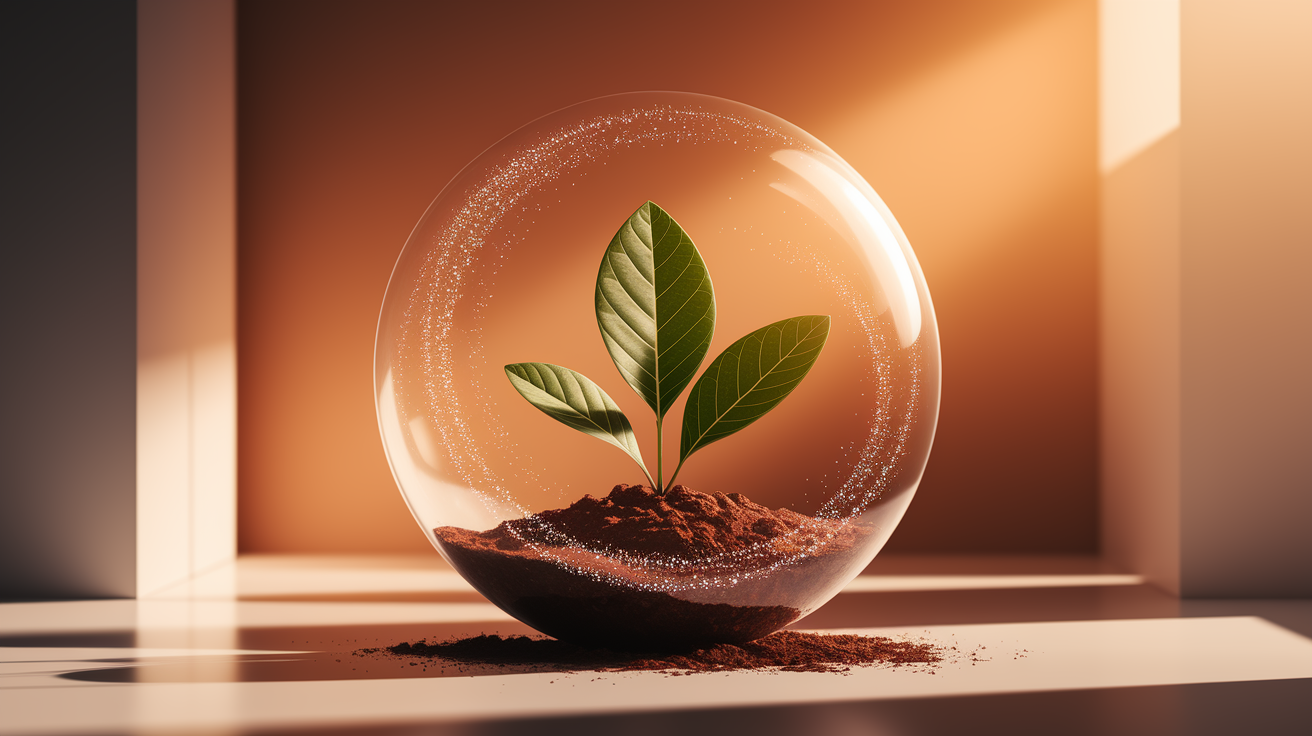 A conceptual illustration of a clear, pristine air bubble encapsulating a leafy green plant, gently hovering within soft, warm, golden light rays filtering through a clean, minimalist window. Delicate, invisible air currents are subtly visualized as flowing golden particles within the bubble, interacting with the plant to symbolize revitalization and cleanliness. The foreground is slightly blurred with a shallow depth of field, drawing focus to the sharp, detailed plant and bubble at eye level. Style: Professional, intimate, and clean composition with selective focus. Palette: Warm, high-quality, earth-toned colors contrasted with soft, bright purity. Lighting: Warm, high-quality, directional light creating gentle shadows and highlights. Detail: High-quality rendering of plant textures and light movement. Focus: Sharp focus on the subject, well-composed.