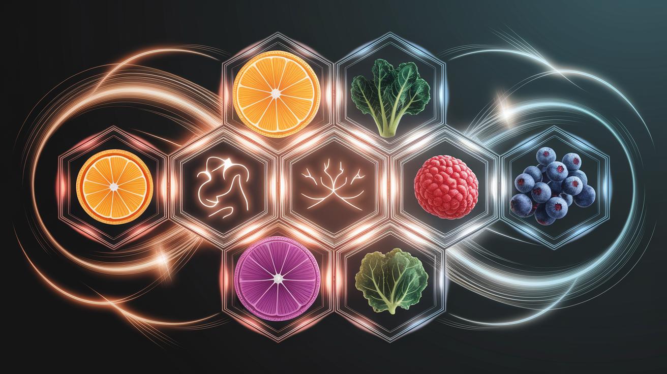 A professional, conceptual illustration representing dynamic Immune System Support. Visualize a core concept: a network of strengthening shields, perhaps represented by interlocking, luminous hexagonal cells or vibrant, protective energy fields, deflecting shadowy, abstract threats or adversarial elements. Interweave secondary visual motifs suggesting balanced nutrition (e.g., subtle, stylized representations of nutrient-rich fruits and vegetables glowing within the shield network) and restorative rest (e.g., gentle, swirling patterns of calming light interwoven with the defenses). Style: Employ shallow depth of field with selective focus, highlighting the core defensive mechanism and implied supportive elements, to create a professional, intimate, and visually layered feel. Utilize a warm, optimistic color palette with rich golden hues, emerald greens, and soft blues, contrasting with darker, less distinct adversarial forms. Ensure high quality, meticulous detail, a clean and balanced composition, professional lighting creating depth and dimension, sharp focus on the key elements, and a well-composed overall aesthetic.