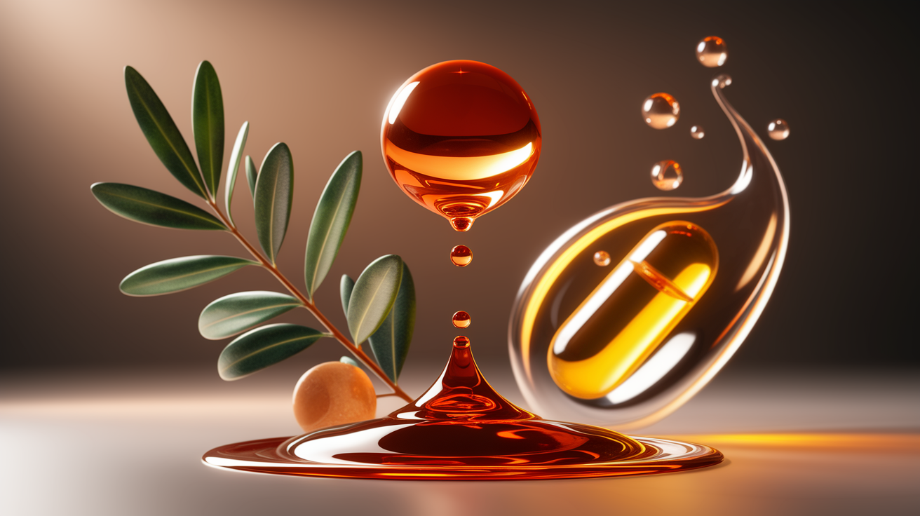 A shallow depth of field, cinematic illustration representing "Oils to the Rescue: Quick Relief for Constipation." In the foreground, a single, warm-toned droplet of golden, viscous oil is falling gracefully, catching a soft, diffused light. The droplet should be in sharp focus, almost glistening with subtle texture. In the softly blurred background, suggest stylized representations of common ingredients known for their digestive aid properties – perhaps a stylized olive branch, a hint of a flaxseed capsule, or abstract amber swirls hinting at castor oil. The overall lighting should be warm, professional, and inviting, with selective focus drawing the eye directly to the oil droplet. The composition should be clean, well-balanced, and high-quality, conveying a sense of gentle, practical relief. Professional illustration style with careful attention to lighting and detail.