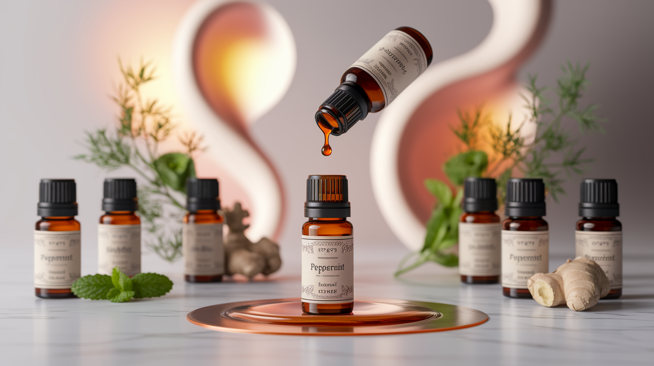 A still life composition featuring small, amber glass bottles of essential oils, labeled with names like "Peppermint," "Ginger," and "Fennel." One bottle is gently tilted, with a single, delicate drop of viscous liquid falling onto a smooth, white or light-colored surface. In the background, rendered with shallow depth of field and a soft bokeh, are blurred visual cues suggesting the digestive system or a sense of relief – perhaps subtle, abstract shapes or a warm glow. The overall lighting is soft and warm, creating a professional and inviting atmosphere. The focus is sharp on the essential oil bottles and the falling drop, highlighting the key elements. High quality, detailed, clean composition, well-composed, professional studio lighting.