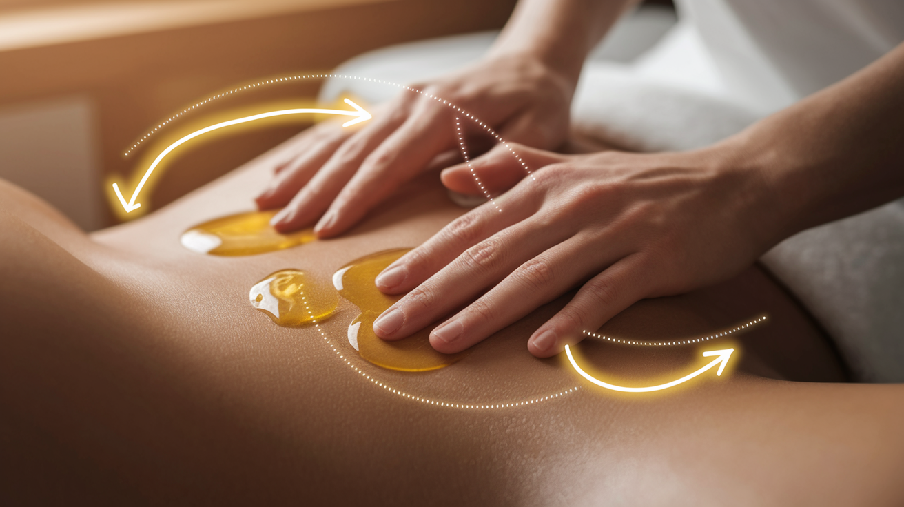 A crystal-clear, step-by-step visual guide illustrating the safe and effective application of essential oils for constipation relief. Focus on the gentle process of topical application. Include prominent, easy-to-follow visual elements such as bright, bold arrows indicating direction of massage strokes, distinctly numbered steps for sequential flow, and subtle, graphic elements like dotted lines showing movement. Professional and highly instructional style. Style: Utilize a shallow depth of field with selective, tack-sharp focus specifically on the hands and essential oil details to create a professional, intimate, and easily digestible learning experience. Employ warm, inviting, naturalistic lighting that highlights textures and creates a comforting atmosphere. The composition should be meticulously clean, well-balanced, and free of clutter, presenting highly detailed elements with exceptional fidelity. Prioritize high-quality rendering, sharp focus, and a professional aesthetic throughout.