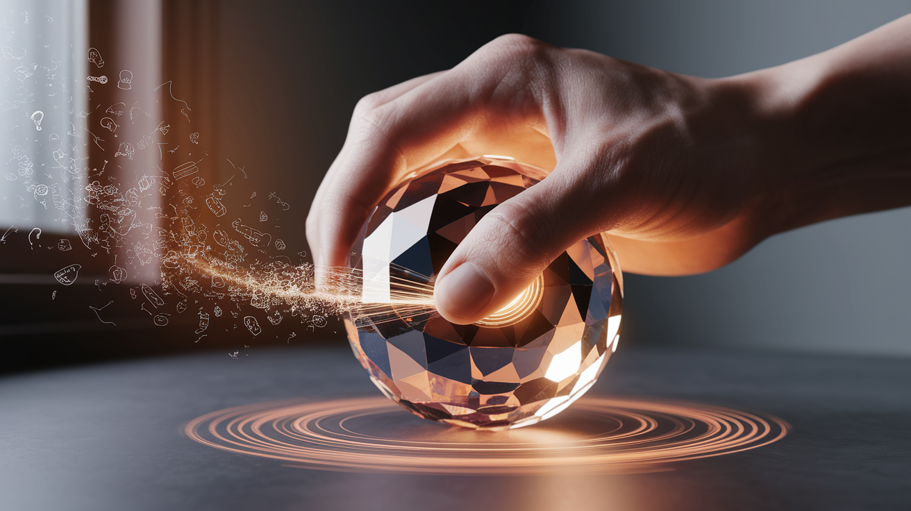 Conceptual illustration: &quot;Squeeze the Answer&quot;.  A focused hand, fingers gently but firmly squeezing a symbolic, glowing orb or crystalline structure. The orb emanates subtle ripples of light or energy, visually representing the extraction or clarification of information.  Surrounding it, a field of scattered, chaotic symbols, question marks, or fuzzy text slowly resolves into legible, clear ideas closer to the orb, symbolizing the transformation from ambiguity to clarity. Style: Shallow depth of field with selective, sharp focus on the hand and the glowing orb, creating a professional, intimate, and intellectual feel. Warm, inviting lighting with subtle highlights on the hand and the orb. High quality, photorealistic detailing on the skin texture and the material of the orb. Clean, minimalist composition with the subject centrally placed against a muted, non-distracting background. Well-composed, professional, detailed, sharp focus, high quality.