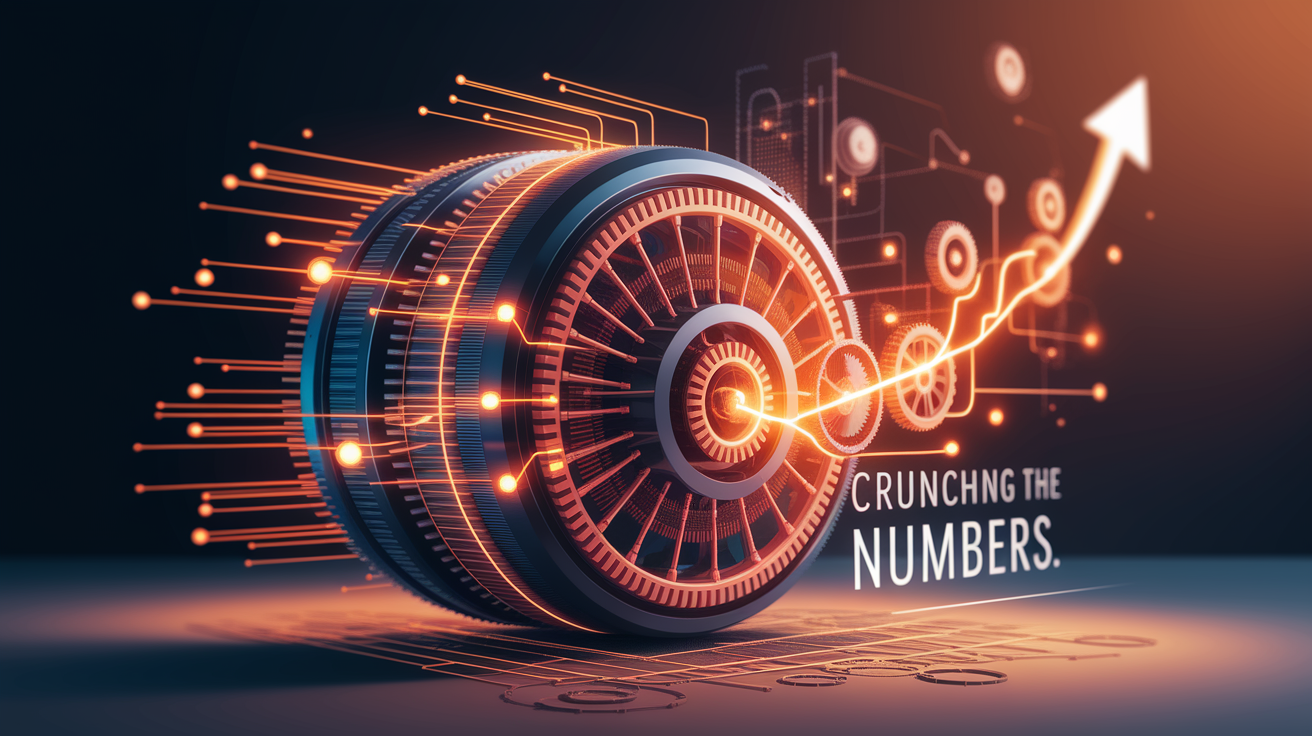 Conceptual illustration: &quot;Crunching the Conversion Numbers&quot;. Visualize the main idea through a sophisticated, visually rich representation. Focus on elements suggesting data analysis, meticulous calculation, and the strategic outcome of conversion rate optimization. Depict a metaphorical &quot;engine&quot; or &quot;machine&quot; of conversion analysis, perhaps incorporating abstract gears, interconnected data points, glowing nodes representing insights, and a subtle upward trajectory or progress line. Include visual cues suggesting the action of &quot;crunching&quot; through dynamic lines, subtly blurred elements around the &quot;engine,&quot; or a visual effect implying processing.

Style: Employ a shallow depth of field with selective focus, drawing the viewer's eye to the core mechanisms of the visualization. Utilize warm, inviting lighting that casts subtle, long shadows, enhancing depth and professionalism. Achieve a high-quality, detailed, and clean composition. Ensure sharp focus on the most important visual elements. The overall aesthetic should be professional, sophisticated, and clearly communicate the concept of analyzing and improving conversion figures.