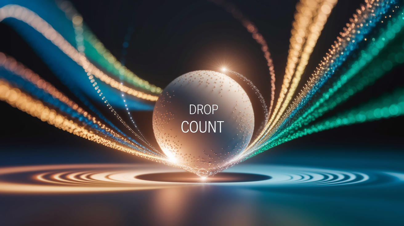 A professional, conceptual illustration representing the factors that influence drop count. Visualize interconnected elements subtly shifting and influencing a central, stable object (the metaphorical 'drop count'). The factors are abstractly represented as dynamic forces or flows subtly interacting with this central element – perhaps visualized as shimmering currents, gentle pushes, or small, almost imperceptible shifts in balance around the core. The overall composition is clean and well-balanced, conveying a sense of complexity managed with clarity. use shallow depth of field with selective focus on the central element, creating a professional, intimate, and insightful feel. Employ warm lighting that casts soft shadows and highlights, enhancing the texture and detail of the abstract elements. high quality, detailed, professional, clean composition, good lighting, sharp focus on the core, well-composed.