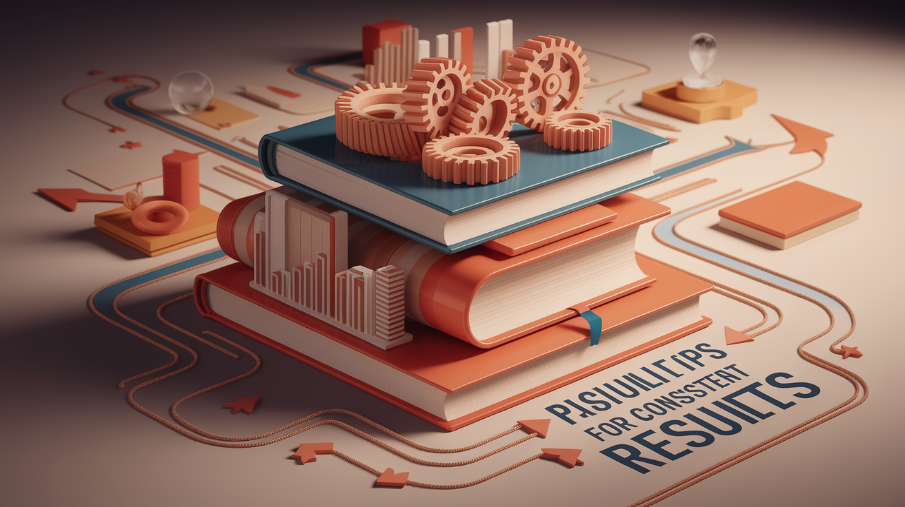 A detailed, conceptual illustration representing the theme &quot;Practical Tips for Consistent Results.&quot; Visualize the main ideas: tangible elements symbolizing practicality and precision, interconnected or building upon each other to suggest accumulation and consistent application, and a sense of smooth, predictable movement or progress. Employ a shallow depth of field with selective focus, drawing the viewer's eye to key symbolic elements, creating an intimate and focused professional feel. Use a warm, inviting color palette with soft gradients. The composition should be clean and well-balanced, utilizing dynamic yet organized visual flow. Lighting should be soft and strategic, highlighting textures and forms with subtle shadows. The image must possess high detail and sharp focus on the primary subjects, rendering a professional and polished quality suitable for business literature.