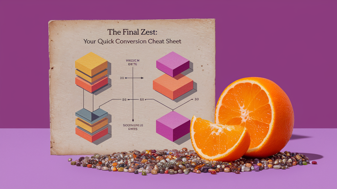 **The Final Zest: Your Quick Conversion Cheat Sheet** visualized. An elegant, visually striking conceptual still-life.  Centrally positioned and in crisp focus: a vintage-inspired card, perhaps textured parchment or thick, high-quality cardstock, slightly aged around the edges but otherwise pristine.  On the card, represented either subtly through stylized iconography or minimalist text, are abstract graphical representations of the &quot;quick conversion&quot; concepts (e.g., layered shapes, interconnected nodes, a simplified flow chart).  A single, vibrant, half-peeled citrus fruit (a lemon, lime, or orange) artfully rests near the card, its segments and textured peel visible, symbolizing &quot;zest&quot; and freshness.  A loose scattering of tiny, polished stones or smooth, colorful beads around the card and fruit adds visual interest and tactile appeal.  The background is intentionally out of focus, a warm, blurry wash of soft gold and amber tones, suggesting productivity and a comforting, inviting space