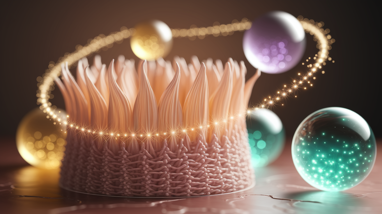 Conceptual illustration: Microscopic view of skin being revitalized by ethereal, glowing orbs representing essential oils. Focus on a single layer of skin fibers, shown as interwoven threads, visibly plumping and becoming more resilient under the gentle influence of these luminous spheres that hint at molecular interaction or beneficial properties. Shallow depth of field with selective focus highlights the transformation occurring within the skin fibers, casting the background and foreground slightly out of focus for an intimate, professional feel. Warm, soft lighting illuminates the scene, emphasizing the natural, nurturing quality of the essential oils. High quality, detailed, professional, clean composition with sharp focus on the core elements and good ambient lighting. The overall image is well-composed and visually depicts the enhancement of skin elasticity in a conceptual yet clear manner.