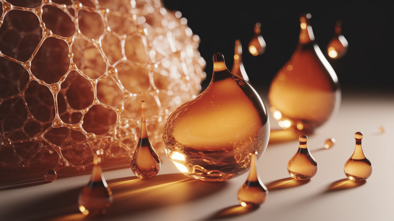 A conceptual illustration depicting Frankincense Tears (resin droplets) strategically positioned to encompass or interact with delicate, glowing collagen fibers. The scene should convey protection and nourishment. Visualize intricate, golden-hued collagen lattice structures, some subtly being embraced or shielded by translucent, amber frankincense resin droplets that appear to solidify or form a protective layer around them. Use shallow depth of field with selective focus that draws the eye to the interaction between the resin and the glowing collagen. The overall feel should be warm, intimate, and sophisticated. Employ soft, golden lighting that highlights the textures and translucency. The composition should be clean, professional, and well-balanced, emphasizing the connection and protective nature of the frankincense. Sharp focus on the key elements, with gentle bokeh in the background. High dynamic range and detailed rendering of both the resin and the collagen fibers for a luxurious, high-quality professional image.