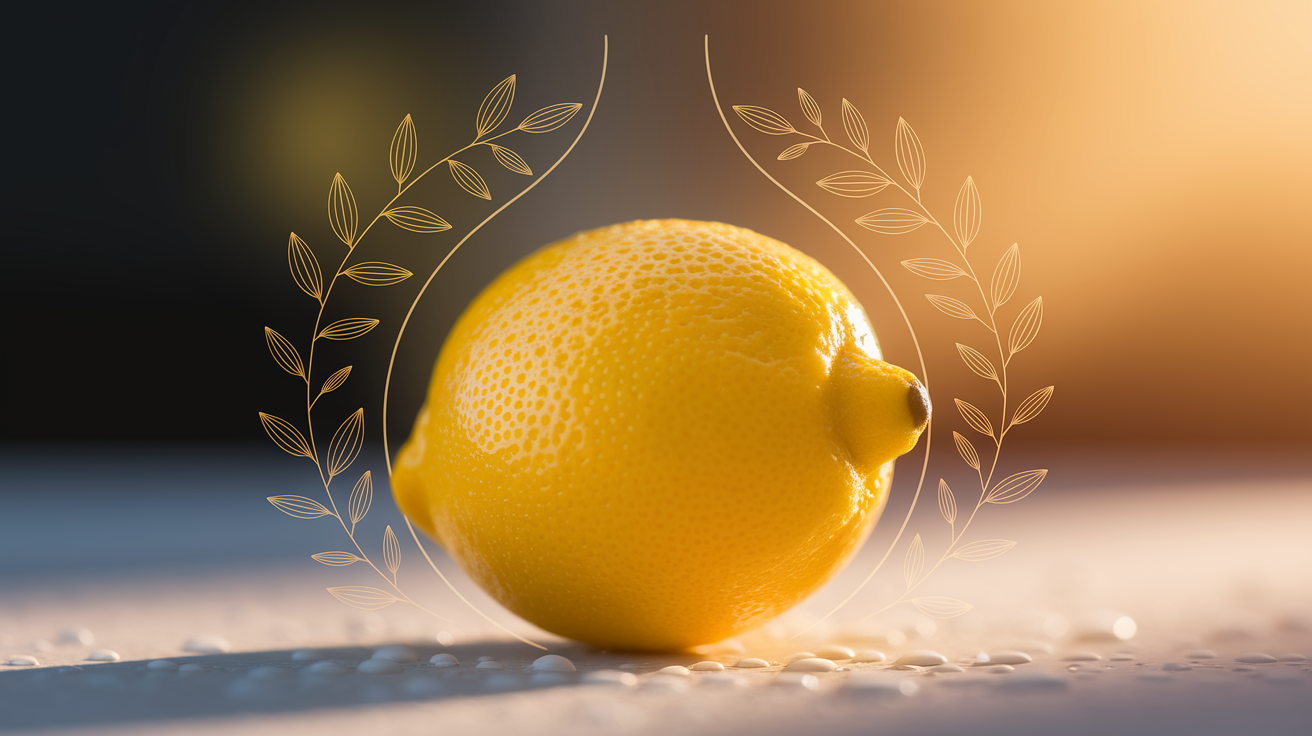 Macro focus, shallow depth of field, intimate perspective: A single, vibrantly yellow, perfectly ripe lemon, glistening with dew-like droplets, takes center stage.  A delicate, subtle shimmer emanates from its skin, hinting at concentrated Vitamin C.  Abstract botanical lines and stylized representations of protective shields or barriers subtly intertwine around the lemon, not overpowering but suggesting defense and well-being. The background is a soft, warm-toned blur of natural light, suggesting a clean, healthy environment.  High key lighting, clean composition, professional quality, detailed rendering, sharp focus on the lemon, golden hour lighting.