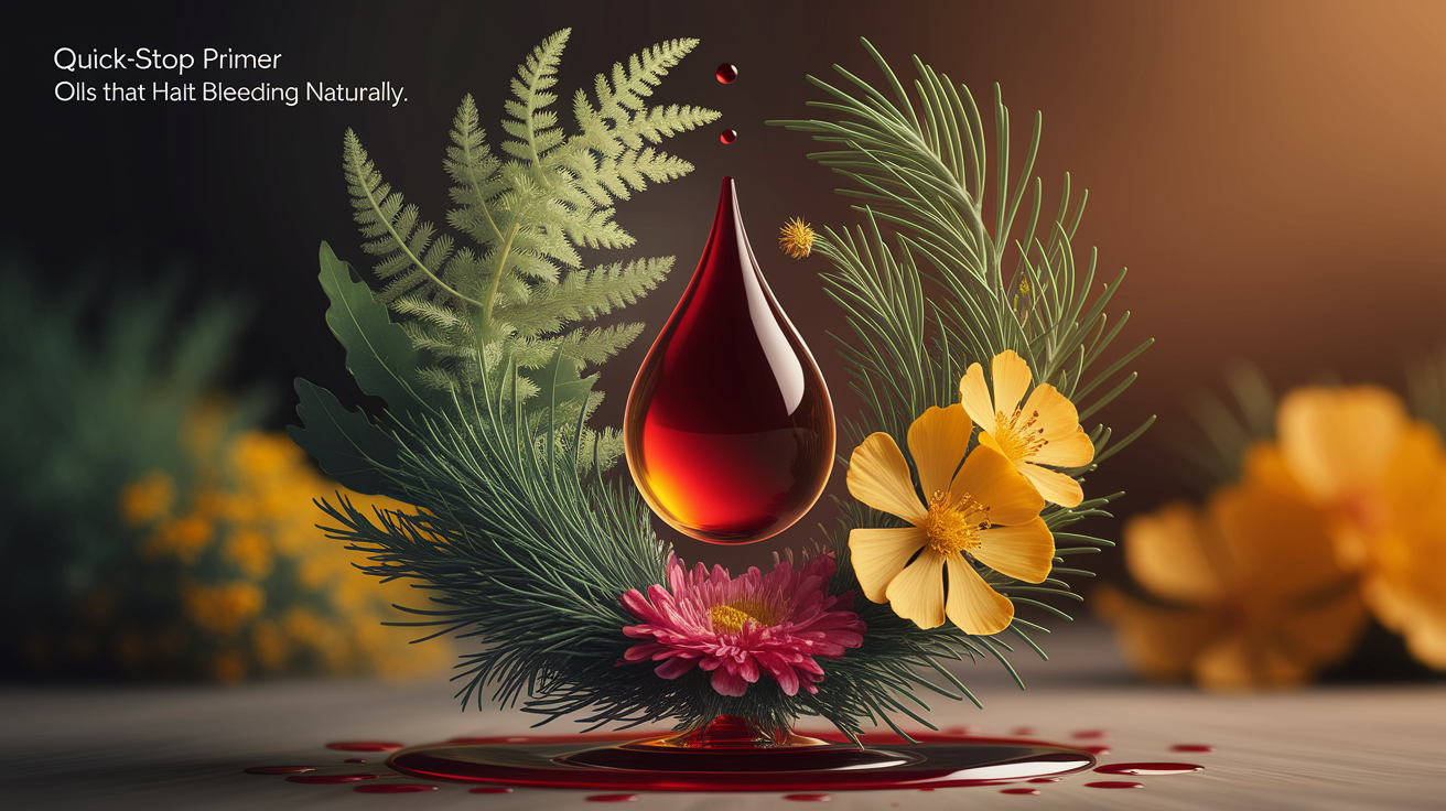 Conceptual illustration: Quick-Stop Primer - Oils That Halt Bleeding Naturally. Visualize a cluster of diverse, vibrant botanical elements known for hemostatic properties, like Yarrow, Cypress, and Helichrysum flowers, delicately intertwined around a single, symbolic drop of crimson liquid gracefully transforming into a warm, amber oil. Utilize shallow depth of field with selective focus on the botanical elements, creating a professional, intimate vignette effect. Employ warm, natural lighting casting soft shadows and highlighting texture. The composition should be clean and uncluttered, emphasizing the natural efficacy of the oils. High quality, detailed, professional, sharp focus, well-composed, photo-realistic vector digital illustration.