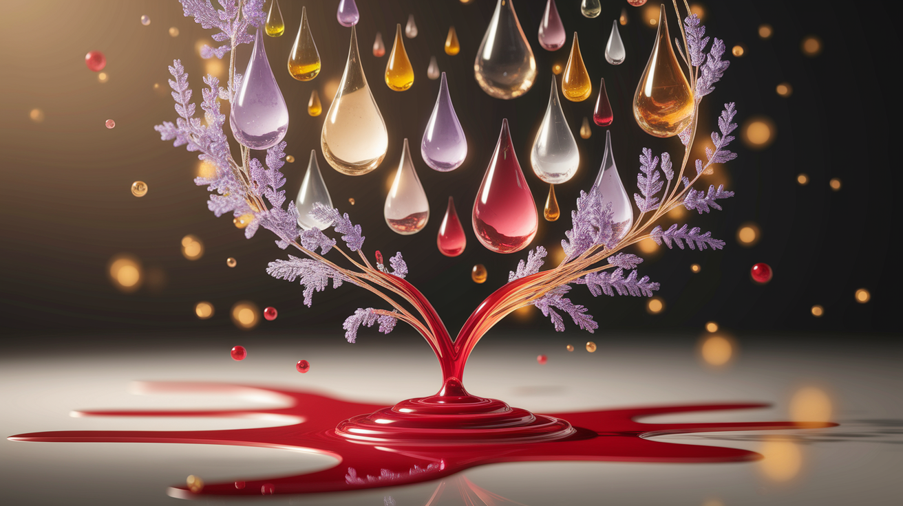 A conceptual illustration: Delicate, glistening droplets of diverse essential oils, each rendered with translucent detail and subtle, distinct color hues (suggesting lavender, frankincense, myrrh), harmoniously coalesce and delicately enshroud a stylized, pulsating crimson flow (representing bleeding). The oils appear to gently "bind" and "calm" the chaotic energy of the flow, visually illustrating control and cessation. The scene is bathed in warm, soft, golden-hued light, emphasizing a sense of natural healing and comfort. Use a very shallow depth of field, with the essential oil droplets and their interaction with the "blood" being in sharp, intricate focus, while the background artfully blurs into soft, inviting bokeh, creating a professional yet intimate and comforting feel. The composition is clean, detailed, and well-balanced, conveying the core concept clearly and beautifully with high-quality rendering. High quality, professional, detailed, well-composed.