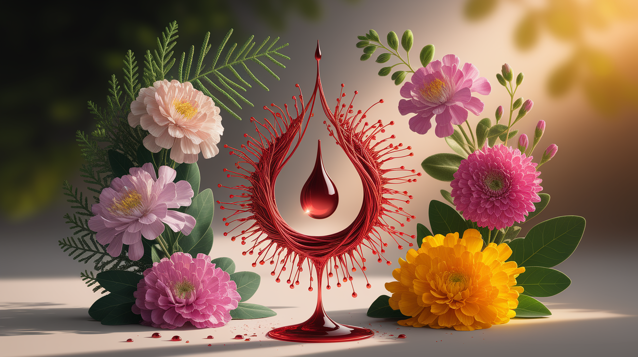 A vibrant, conceptual illustration depicting the essence of natural hemostasis through essential oils. Visualize a collection of intricately rendered botanical elements representing key essential oils known for hemostatic properties (e.g., Cypress leaf, Geranium flower, Helichrysum italicum bloom). These elements are subtly arranged around a central, abstract representation of blood clotting – perhaps a delicate network of artistic threads or glistening droplets forming a protective barrier. Use a shallow depth of field to artfully blur the background, directing focus to the detailed botanicals and the hemostasis symbol. Employ warm, inviting lighting to create a sense of natural wellness and efficacy. The overall composition is clean, professional, and well-balanced, with sharp focus on the key elements, high-quality textures, and a sense of controlled intimacy.
