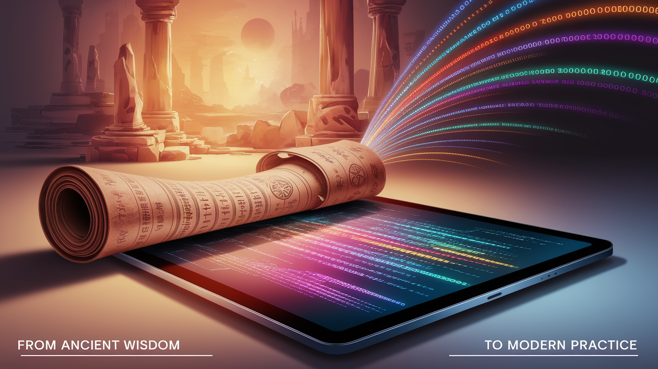 A conceptual illustration with shallow depth of field and selective focus, representing "From Ancient Wisdom to Modern Practice." The image visually depicts a clear transition, where a soft-focus, symbolic element representing "ancient wisdom" (perhaps a weathered scroll, ancient ruins in silhouette, or a stylized, glowing light emanating from a foundational source) is in the background, gently fading. In the sharp, foreground focus, a contrasting element representing "modern practice" is prominently displayed (such as a sleek touch screen interface, digital code streams flowing, or an innovative design blueprint). The connection between the two is subtly suggested, perhaps through flowing lines or a shared, evolving pattern. The overall style is warm and inviting, with high-quality detail and professional execution. The composition is clean and well-balanced, utilizing excellent lighting to highlight the transition and the modern element. Sharp focus is exclusively on the modern element in the foreground. The image conveys a sense of evolution and continuity, illustrating how foundational knowledge informs contemporary application. High