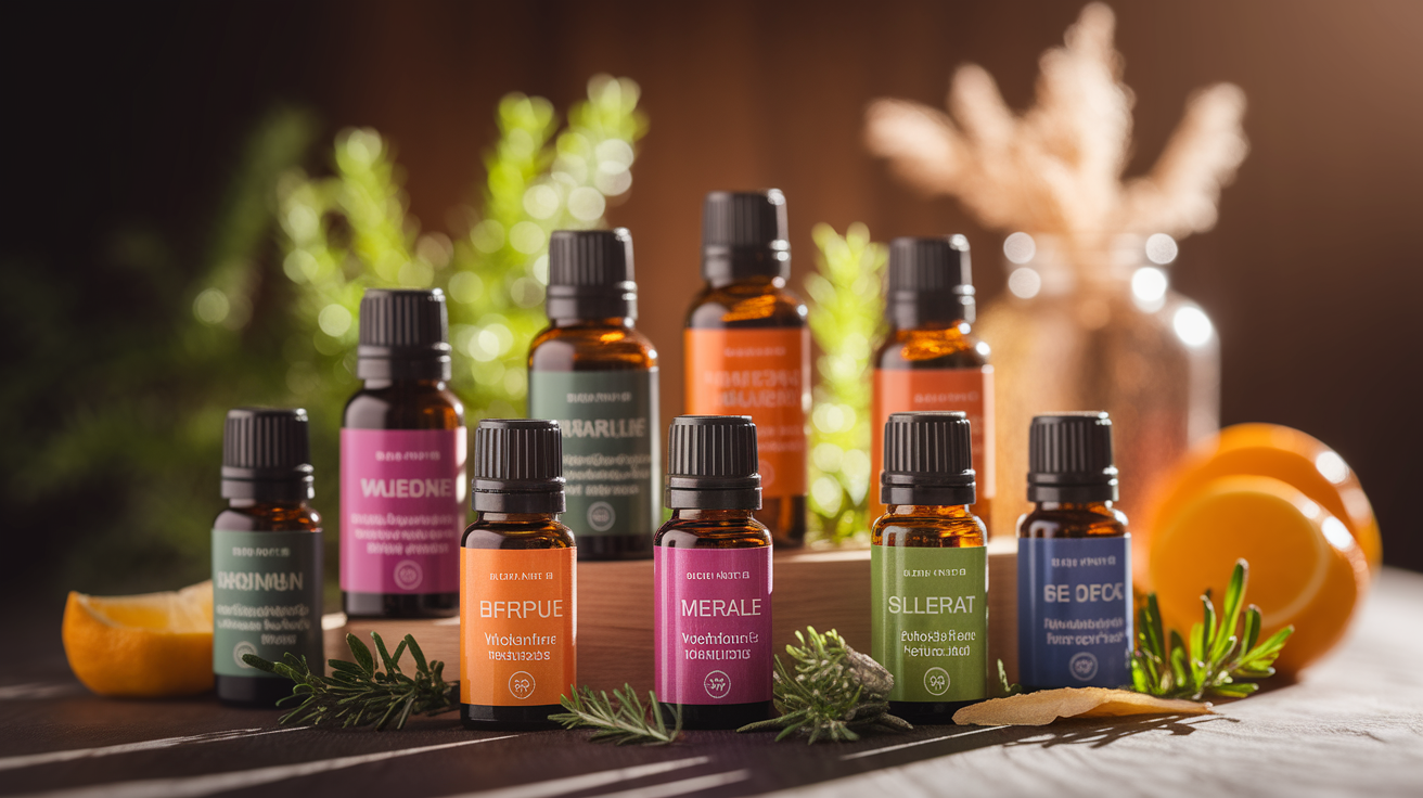 Top Essential Oils for Lymphatic Cleansing, in the style of Use shallow depth of field with selective focus to create a professional, intimate feel Employ warm. Focus on the core subject of 'Top Essential Oils for Lymphatic Cleansing'. Ensure the image is relevant to this section.