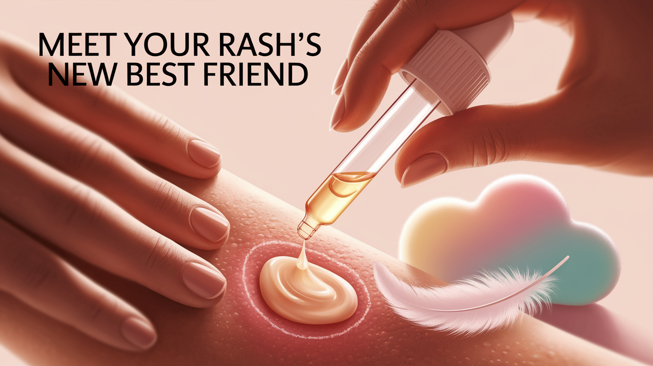 A conceptual illustration for "Meet Your Rash's New Best Friend." Depict a close-up, shallow depth of field view focused on a soothing, gentle application to visible, irritated skin (representing the "rash"). The "new best friend" is subtly suggested through a comforting element within the frame – perhaps a small, unbranded, elegant bottle or dropper held delicately, or a small, soft object hinting at relief. Use warm, inviting, and soft lighting that highlights the texture of the skin and the comforting element. The composition should be clean, professional, and intimate, with sharp focus on the central action and inviting bokeh in the background. Maintain a high-quality aesthetic with detailed rendering of skin texture and the accompanying element, conveying a sense of hope, care, and relief.