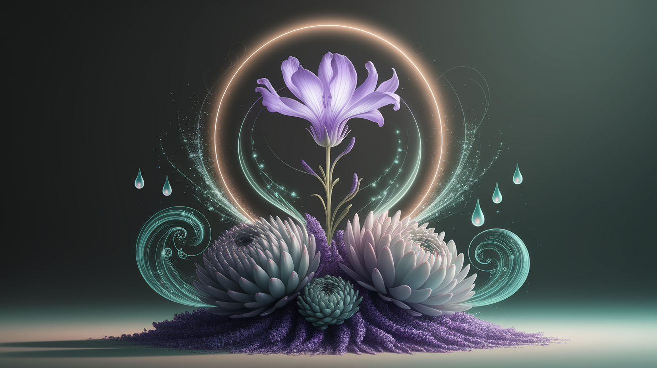 A conceptual illustration, a visual metaphor for "Why Lavender Oil Tops the List." Visualize key concepts through symbolic elements: a delicate, glowing lavender flower gently ascending above other less vibrant botanical forms, perhaps intertwined with subtle, wispy trails of calming energy or an ethereal light source highlighting its prominence. Incorporate miniature, abstract representations of benefits around the lavender, such as subtle, shimmering droplets symbolizing calming properties or intricate, faint patterns suggesting therapeutic effects, all subtly integrated. Style: Employ shallow depth of field with selective focus sharply on the prominent lavender and its immediate symbolic elements, while the surrounding elements soften beautifully out of focus to create a professional, intimate, and impactful feel. Use warm, inviting lighting, perhaps a gentle golden or soft purple glow, casting subtle highlights and shadows to enhance detail. Ensure a high-quality, photo-realistic rendering with exceptional detail on the lavender flower's texture and the delicate nature of the symbolic representations. Maintain a clean, well-composed