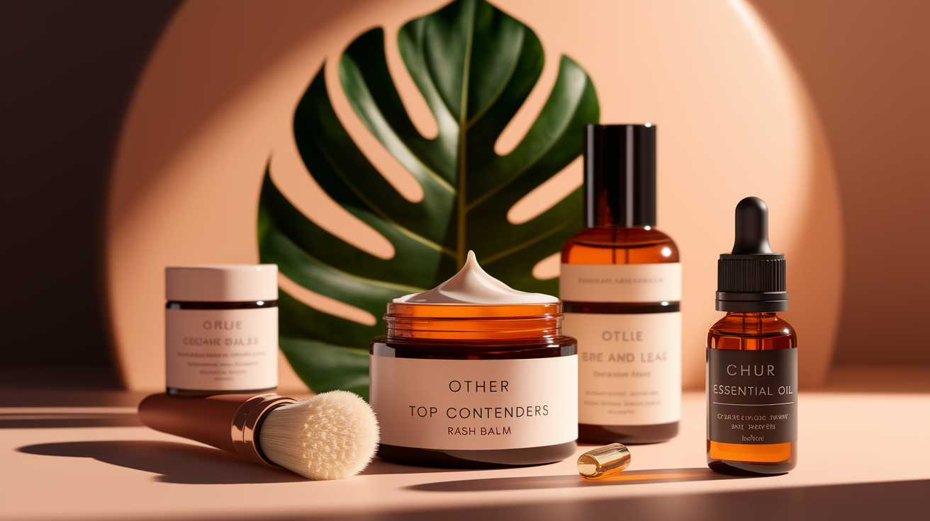 Conceptual illustration representing "Other Top Contenders for Rash Relief." Visualize a curated collection of potential solutions, perhaps symbolic representations of different approaches (e.g., a soothing leaf for a natural remedy, a small container for a cream, a gentle brush for a specific application method). Each element should be distinct but harmoniously arranged. Style: Intimate, close-up view using shallow depth of field with selective focus on the key elements, creating a professional and inviting feel. Employ warm, soft lighting with subtle highlights and shadows. The composition should be clean and well-balanced, emphasizing the individual contenders. Focus should be razor-sharp on the central element, with a pleasing bokeh effect in the background. The overall aesthetic should be high-quality, detailed, and professional, consistent with a clean and informative visual.