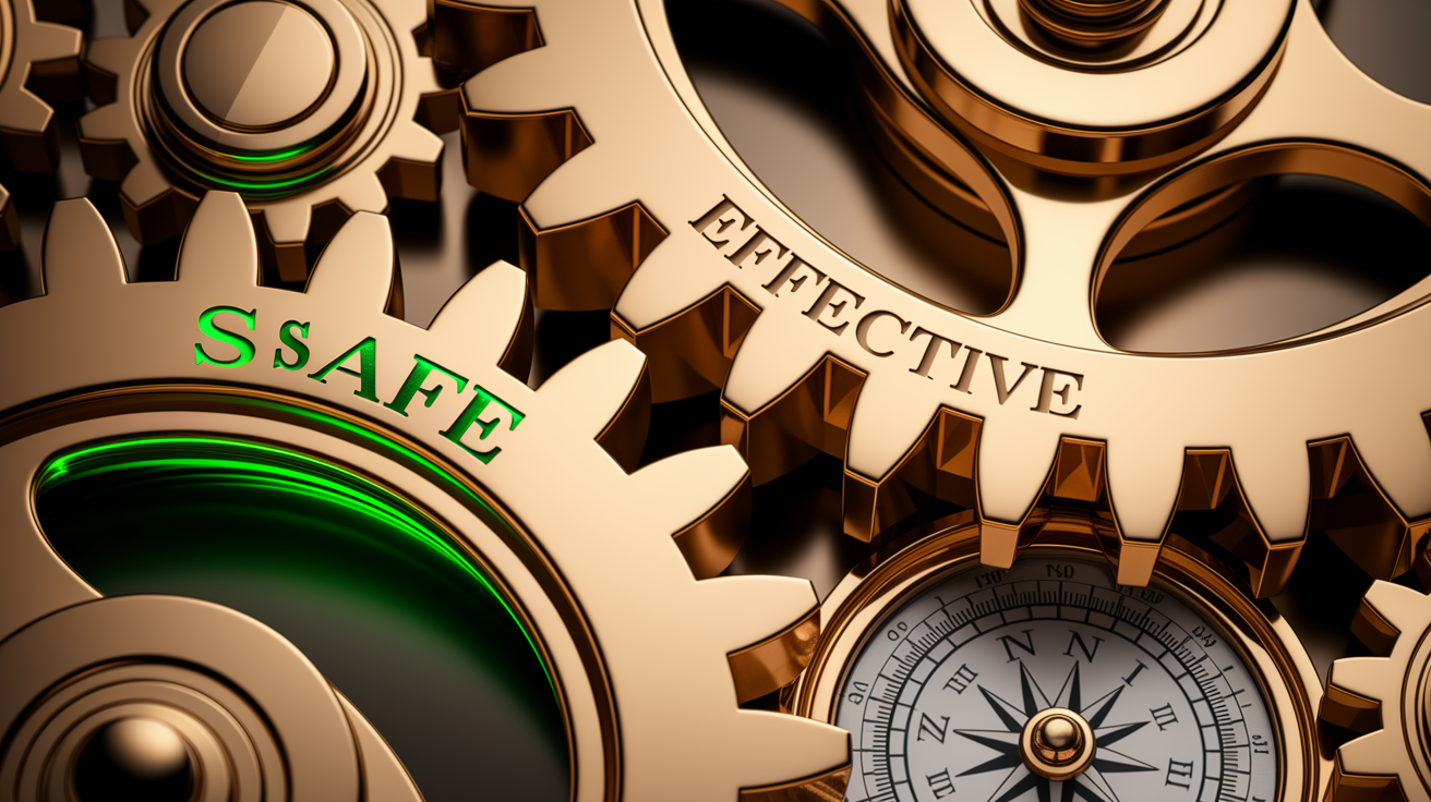 A macro shot conceptual illustration representing the core concepts of Safe and Effective Application. Visualize intricate, interlocking gears, rendered in polished brass, smoothly aligning and rotating. One central gear, slightly larger, symbolizes "Safe," glowing with a soft, protective emerald light. This gear seamlessly meshes with another, representing "Effective," radiating a warm, golden efficiency from within. Surrounding these central elements are smaller, interconnected components: a delicate, yet robust shield detail on a gear tooth (safety), and a precisely calibrated compass needle pointing towards the central 'Effective' gear (precision and direction). The overall composition should be clean and professional, with a shallow depth of field sharply focusing on the central gears while the surrounding elements are gently blurred. Employ warm, dappled lighting that highlights the metallic textures and glowing elements. High quality, detailed rendering, professional composition, sharp focus on key elements, well-composed, clean aesthetic.