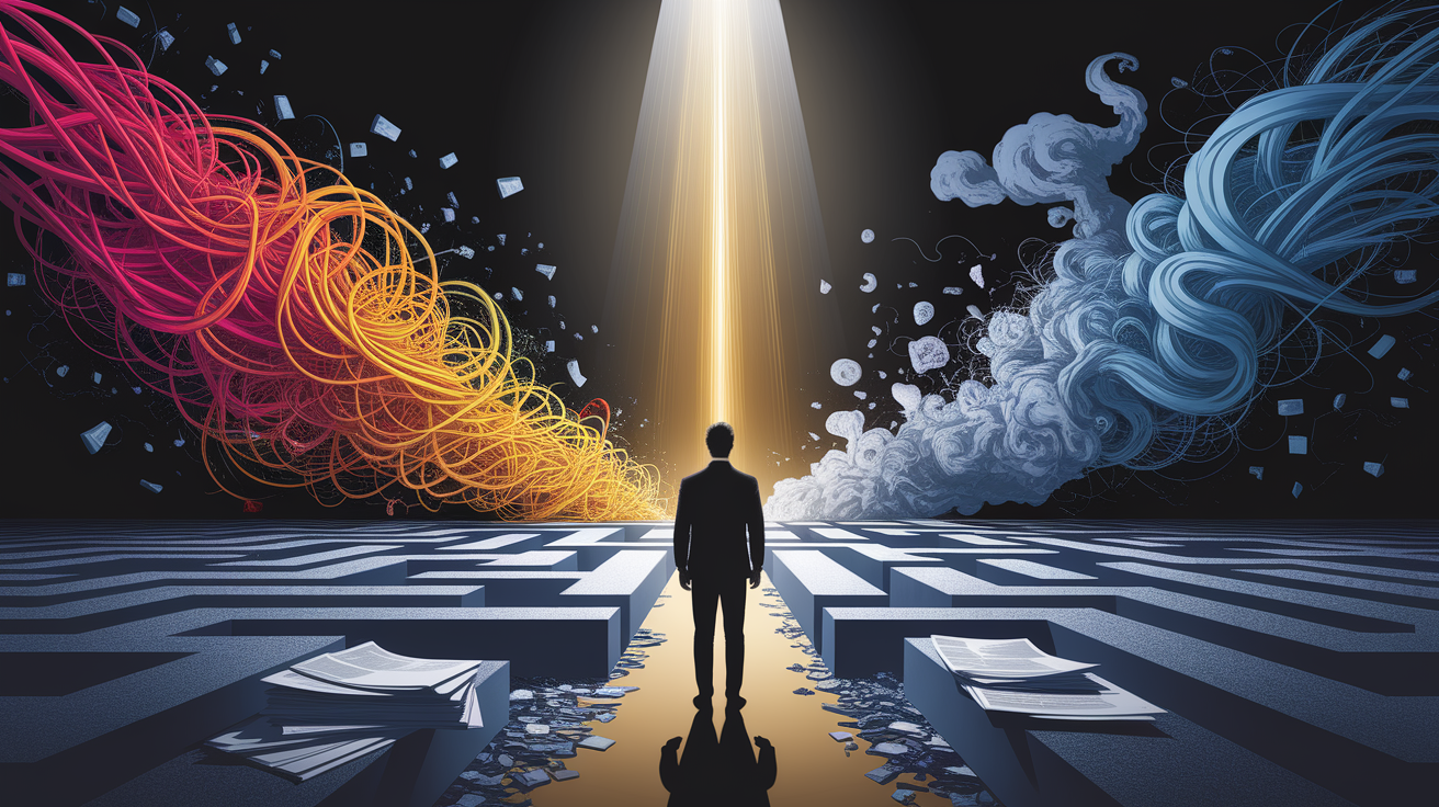 Conceptual illustration: "When Life's Complexity Requires Expert Navigation." A visual allegory depicting an individual standing at a metaphorical crossroads, overwhelmed by tangled, abstract paths representing complex problems (financial, legal, health-related – subtly suggested by symbolic elements like a scattered stack of papers, conflicting arrows, or a stylized, fragmented silhouette). A clear shaft of focused light illuminates a smaller, distinct path leading forward, guiding the individual towards a calm, authoritative figure (silhouetted or slightly blurred to maintain conceptual focus, representing the professional advisor). The scene is rendered using shallow depth of field with selective focus, emphasizing the individual's dilemma and the guiding light, while the background dissolves into soft, warm, blended tones. The palette is dominated by warm, inviting hues contrasted by the cooler, sharper light of guidance. The composition is clean and professional, with meticulous attention to detail on the foreground elements. The lighting is high-quality and directional, creating subtle shadows and highlights. The focus is exceptionally sharp on the