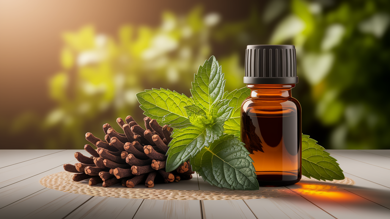 A conceptual illustration, shallow depth of field with selective focus, bathed in warm, golden light. Center focus on a vibrant arrangement of natural elements traditionally associated with toothache relief – a cluster of dried cloves, a sprig of fresh mint, and a small, dark amber bottle containing a clear liquid (representing herbal extract). These elements are meticulously arranged on a smooth, light-colored wooden surface against a slightly blurred backdrop of soft, green foliage. High quality, hyperrealistic rendering of textures – the intricate patterns of the cloves, the delicate veins of the mint leaves, the subtle reflections on the glass bottle. The composition is clean, professional, and intentionally intimate, drawing the viewer directly into the natural remedies. Sharp focus on the natural elements, lending a sense of detail and authenticity. Well-composed, with ample negative space to emphasize the key elements. Invoking a feeling of natural efficacy and gentle relief. Professional, detailed, high quality.