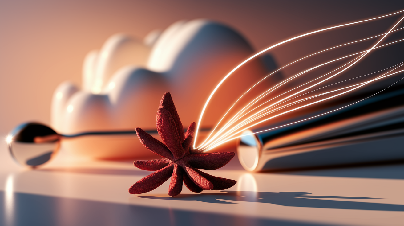 A macro conceptual illustration representing Clove Oil's potent toothache relief. Focus on a solitary, deep red clove bud positioned centrally, bathed in warm, golden-hour light. Subtly emanating from the clove, visualize ethereal wisps or glowing contours subtly resembling waves of receding discomfort spreading outwards. The backdrop is a soft, blurred field of gentle dentistry-related elements, like hints of a polished dental mirror or a smooth ceramic surface, rendered with extremely shallow depth of field and selective focus on the clove, creating a professional yet intimate feel. The lighting is high-key and soft, emphasizing the texture and form of the clove. Composition is clean, balanced, and professional. Colors are warm and rich, dominated by deep reds and golden hues. Sharp focus is maintained on the clove. High detail and photographic quality are paramount.