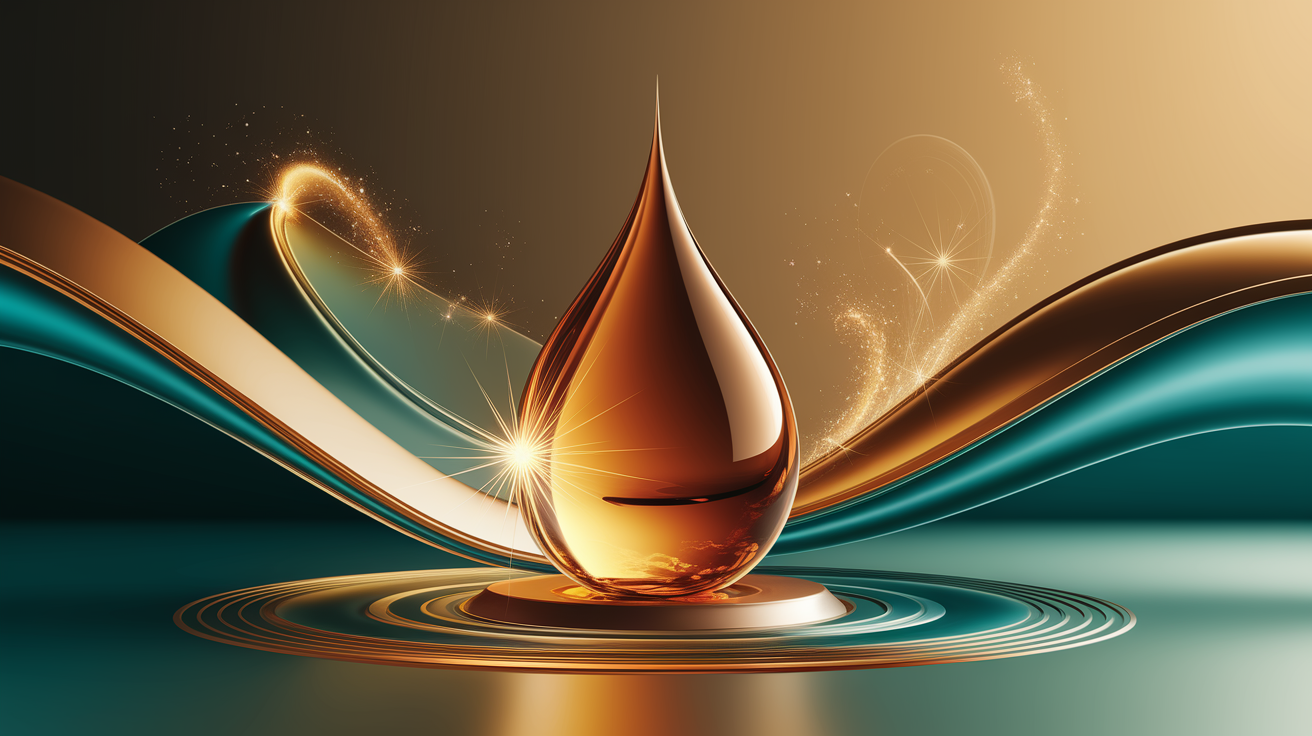A conceptual illustration representing Frankincense Oil as an Anti-Inflammatory Ally. Visualize the core ideas: a golden drop of viscous frankincense oil, shimmering and radiant, positioned foreground-center. Intertwined or interacting subtly with the oil are stylized, gentle visual metaphors for inflammation relief, such as serene blue waves or calm, diffused light rays. The scene should have a sense of deep tranquility and natural healing. Style: Use shallow depth of field with selective focus on the oil drop to create a professional, intimate, and powerful feel. Employ warm, earthy tones like amber, gold, and soft greens, offset by calming blues. High quality, photorealistic textures for the oil are crucial. Professional, detailed, and clean composition with excellent, soft, yet directional lighting highlighting the oil's viscosity and glow. Sharp focus on the main subject, with gracefully blurred elements in the background. Well-composed with ample negative space that enhances the feeling of calm and focus.