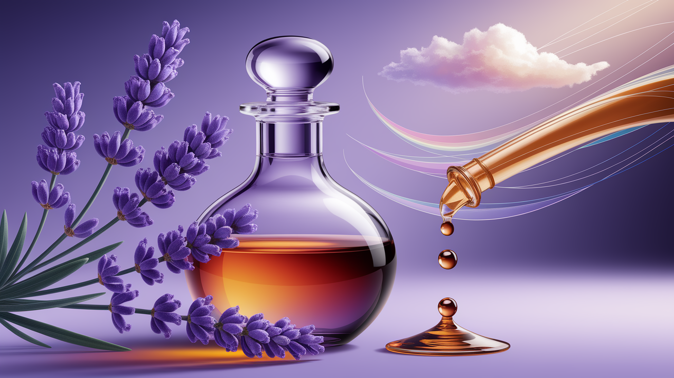 A highly detailed conceptual illustration representing the soothing properties of Lavender Oil for pain and stress relief. Visualize the main ideas through a harmonious blend of tangible elements. In the foreground, a single, perfectly formed sprig of lavender, its delicate blossoms rendered with lifelike detail, sits beside a small, elegant glass bottle of amber-toned lavender oil, perhaps with a single, viscous drop just escaping the spout. In the background, subtly blurred and rendered with shallow depth of field, suggest imagery related to both pain relief (perhaps gentle light rays emanating as if from a calmed area) and stress reduction (maybe soft, flowing lines or ethereal whisps representing peace). The style is sophisticated and intimate, employing selective focus on the lavender sprig and oil bottle to create a professional and inviting feel. The image is bathed in warm, soft lighting, casting gentle shadows that enhance the textures. The composition is clean, well-balanced, and professional, emphasizing the key elements. Sharp focus on the primary subjects, high-