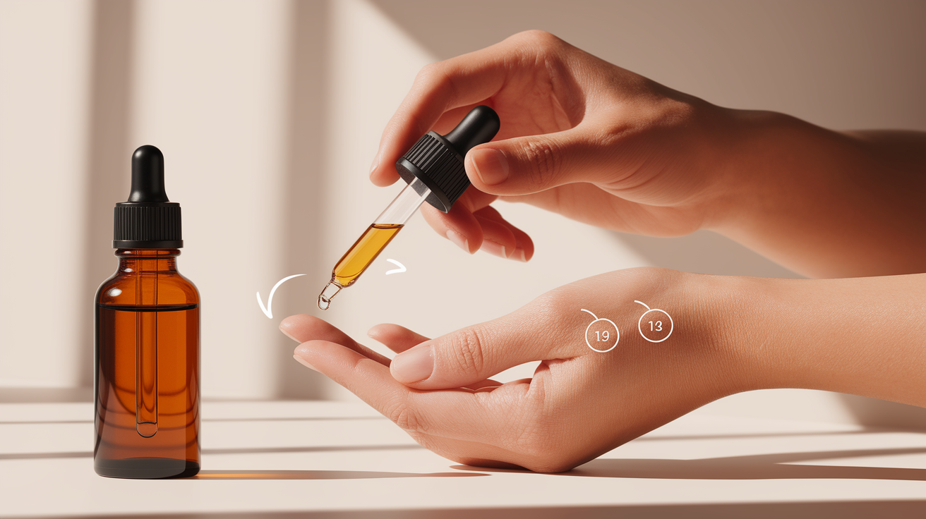 A clear, step-by-step visual illustration demonstrating the process of using essential oils for fast relief, specifically illustrating the application of diluted essential oil to pulse points. The image should depict a pair of human hands, clean and well-manicured, gently applying a few drops of essential oil from an amber glass dropper bottle to the wrist or inner elbow area. The hands should be in focus, with shallow depth of field blurring the background to create an intimate and professional feel. Visual elements like subtle, numbered circles overlaying key placement areas on the wrist or a gentle, directional arrow indicating the dabbing motion are encouraged. The composition should be clean and minimalist, emphasizing the action. Lighting should be warm and soft, highlighting the texture of the skin and the oil drops. The overall style should be professional, instructional, and highly detailed, with sharp focus on the hands and essential oil application. High quality, professional, detailed, well-composed, clean composition, good lighting, sharp focus.