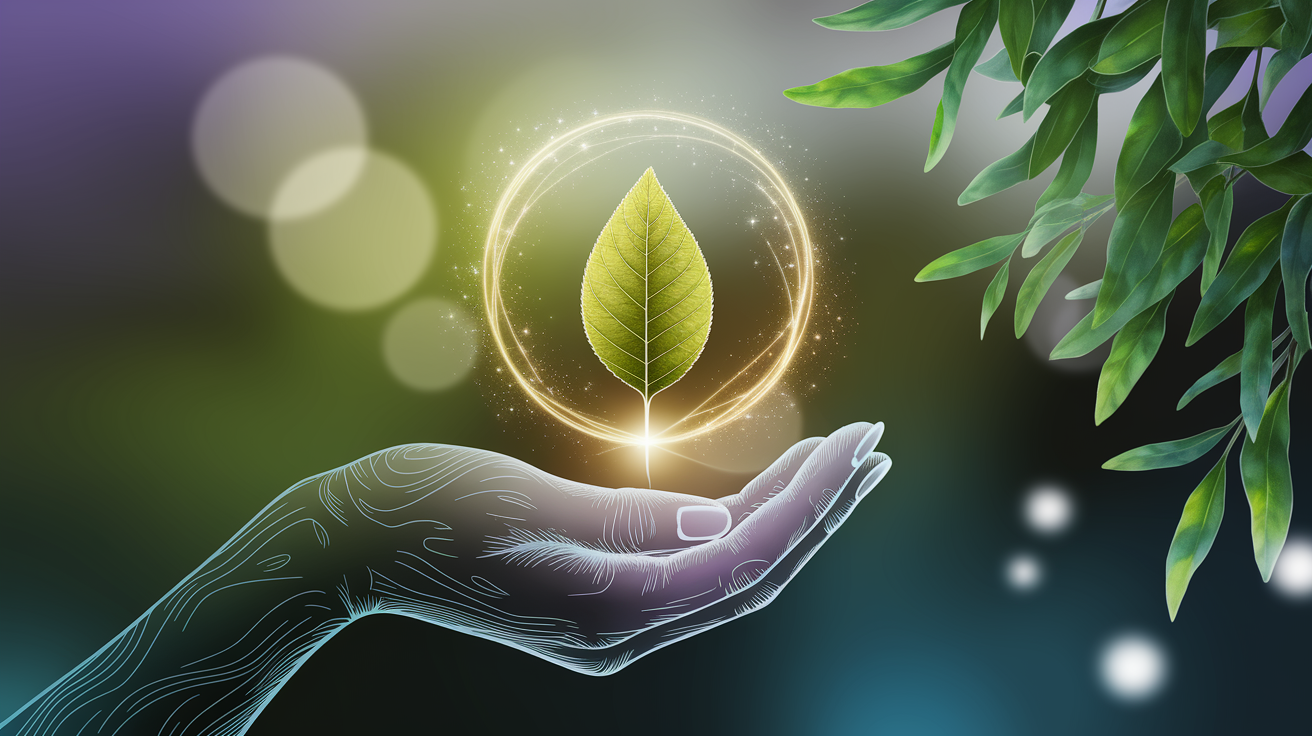 Intimate, conceptual illustration: **Harnessing the Essence of Tea Tree Oil.** Visualize a single, perfect **tea tree leaf, dewdropped and glistening**, held delicately within a stylized hand, its form subtly **radiating golden, ethereal energy**. Bokeh-rich background of gently blurred, **lush green tea tree foliage**, suggesting a natural source. **Shallow depth of field with razor-sharp selective focus** on the central leaf and hand. **Warm, golden hour lighting streams in from the side**, creating a **soft glow and delicate highlights**. **Expertly composed with clean negative space**. **Ultra-fine detail**, capturing the intricate veins of the leaf and the texture of the skin. **High-quality, professional, clean aesthetic**.