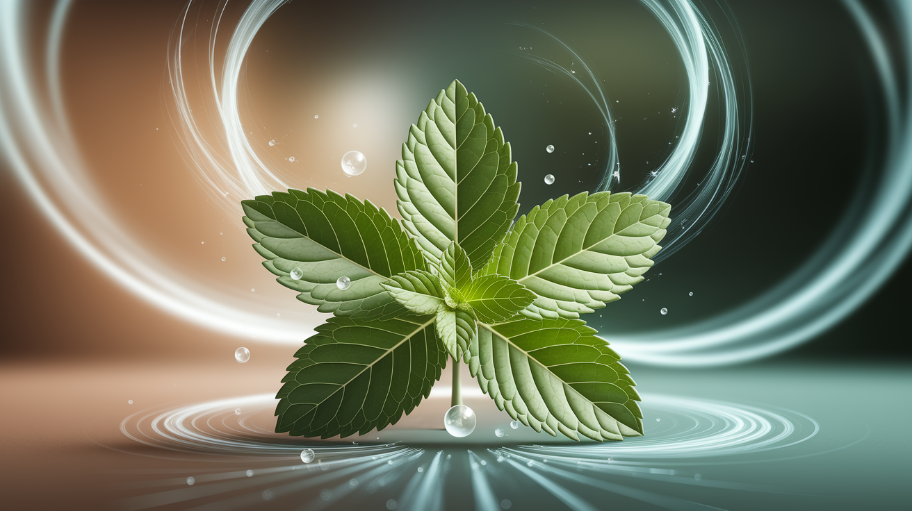 A high-detail, concept-driven illustration depicting the soothing power of peppermint oil. Center focus on a single, perfect, vibrant green peppermint leaf with dew-like droplets, perhaps subtly shimmering or glowing faintly. Swirling around the leaf, or emanating gently from it, visualize abstract, cool-toned energy trails or wisps, perhaps light blue or white, suggesting a refreshing, calming sensation. The background should be intentionally blurred (using shallow depth of field) into soft, warm, earthy tones, like a gentle brown or beige, creating a deep contrast that pushes the crisp peppermint leaf forward. The composition should be minimalist and elegant, with the leaf slightly off-center for dynamic balance. Lighting should be soft and natural, with subtle highlights on the dew and the leaf veins. The overall aesthetic should feel clean, professional, and inviting, like a high-end product advertisement. Macro photography style, sharp focus on the subject, warm color palette, high resolution, detailed rendering, professional photography aesthetic.