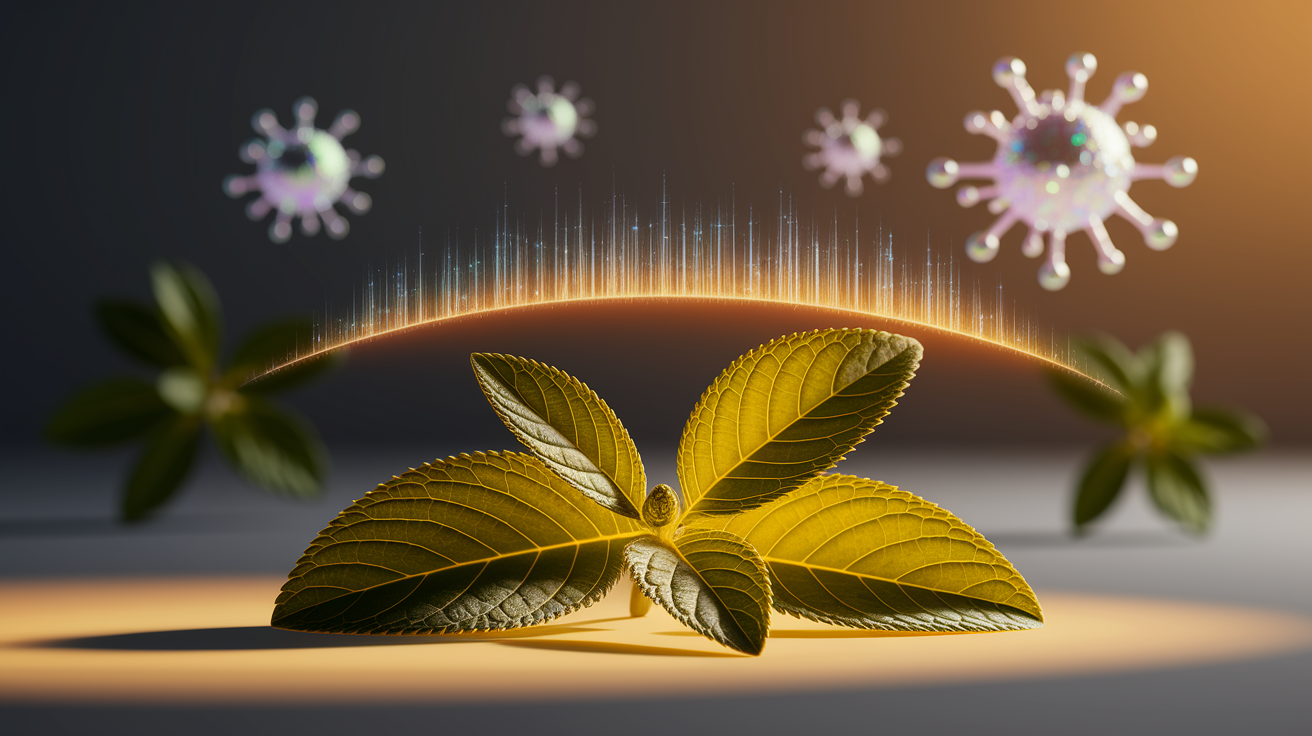 A conceptual illustration: On a soft, warm-lit surface, a single, vibrant, plump lemon balm leaf, illuminated with a golden glow, is positioned prominently in the foreground. Hovering slightly above the leaf, shimmering like a protective shield, is a translucent, molecular-like barrier, subtly suggesting "blocking." In the shallow depth of field background, hints of other botanical elements or perhaps simplified, abstract representations of the HSV virus are softly blurred, adding to the visual narrative without being explicitly shown. The overall composition is clean and professional, with crisp details on the lemon balm leaf and the shimmering barrier. Lighting is warm and inviting, emphasizing the natural source while highlighting the concept of protection. Well-composed, high quality, detailed, professional, clean composition, good lighting, sharp focus, well-composed.