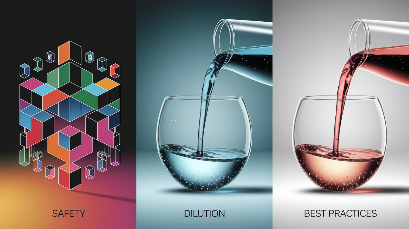 A conceptual illustration representing Safety, Dilution, and Best Practices. Visualize the interweaving of these three fundamental concepts through a dynamic, flowing visual metaphor. For Safety, depict sturdy, interlocking geometric shapes forming a protective barrier. For Dilution, illustrate a gentle, controlled pour of a luminous, slightly translucent substance into a larger, clear container, symbolizing the weakening or moderation of something. For Best Practices, visualize a series of precise, elegant lines or symbols converging and aligning perfectly, representing efficiency, order, and refinement. The central focus should be on how these three elements interact and support each other, perhaps with subtle visual cues of connection or transformation. The style is a high-quality, detailed, clean composition with a professional and inviting feel. Employ shallow depth of field with selective focus to highlight the key elements and create an intimate perspective. Lighting is warm, soft, and directional, casting subtle shadows that enhance the texture and form. The image should be sharp, well-composed, and visually striking,