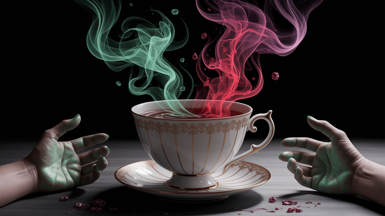 A stark and cautionary conceptual illustration representing the immediate and subtle Dangers of Ingesting Essential Oils in Tea. A delicate ceramic teacup containing a dark, swirling liquid. Instead of a pleasant aroma rising, wisps of menacing, shadowy vapor in unnatural, vibrant hues like toxic green, sharp red, or sickly purple curl upwards. Within these vapors or subtly integrated into the liquid's patterns are unsettling forms: tiny, jagged edges suggesting cellular damage, blurred outlines hinting at organ distress, or wisps resembling fleeting, painful sensations. A partial view of trembling hands, perhaps with a faint greenish tint or subtle veins protruding, are visible *very* slightly out of focus in the foreground, hinting at internal suffering or reaction. The background is intentionally blurred, a shallow depth of field emphasizing the central, dangerous interaction within the teacup. The lighting is dramatic yet focused, perhaps a single, strong, cool light source highlighting the dangerous vapors and casting unsettling shadows. The overall style is realistic yet subtly unsettling,