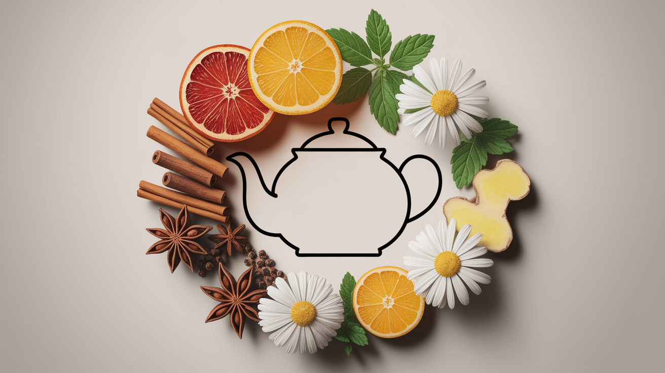 A professional, high-quality conceptual illustration visualizing Safer Tea Flavoring Alternatives. Focus on a clean, inviting composition showcasing natural ingredients like dried fruit slices (orange, lemon), whole spices (cinnamon sticks, star anise, whole cloves), fresh herbs (mint sprigs, ginger slices), and edible flowers (chamomile blossoms) arranged artfully around or within a subtle outline of a teacup or teapot. Employ a shallow depth of field with selective focus that highlights the crisp details of the natural elements, creating an intimate and warm atmosphere. Use soft, even lighting to emphasize textures and colors. The style should be realistic with a touch of artistic interpretation, maintaining a clean and professional aesthetic. Ensure sharp focus on the key elements and a well-balanced composition.