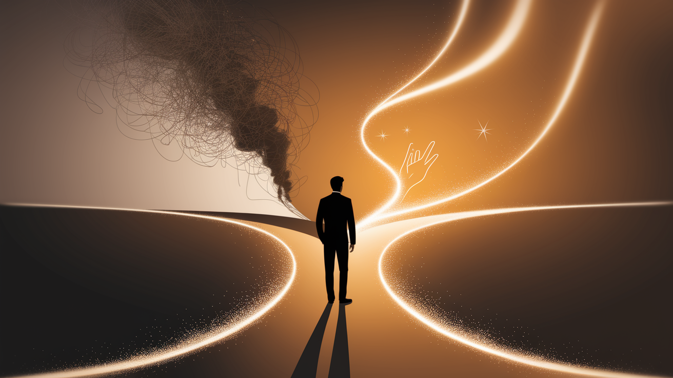 A conceptual illustration representing the moment of decision to seek professional guidance. Visualize a solitary figure standing at a subtle, visual crossroads or threshold, subtly hinting at a challenge or problem (represented by a slightly out-of-focus, complex background element like tangled threads or a abstract turbulent shape). The figure is turning towards a warm, inviting, and subtly illuminated pathway or opening, suggesting the direction of professional help. This pathway should feature soft, encouraging light spills and potentially a faint suggestion of support or clarity (perhaps a hint of a guiding symbol like a stylized open hand or a gentle upward trajectory). Style: Employ a very shallow depth of field with razor-sharp selective focus on the figure and the immediate beginning of the inviting pathway. Use predominantly warm, soft lighting with gentle, high-key highlights to create a professional, intimate, and hopeful feel. The composition should be clean, balanced, and impactful, drawing the viewer's eye towards the figure and the pathway forward. Ensure high quality, detailed rendering