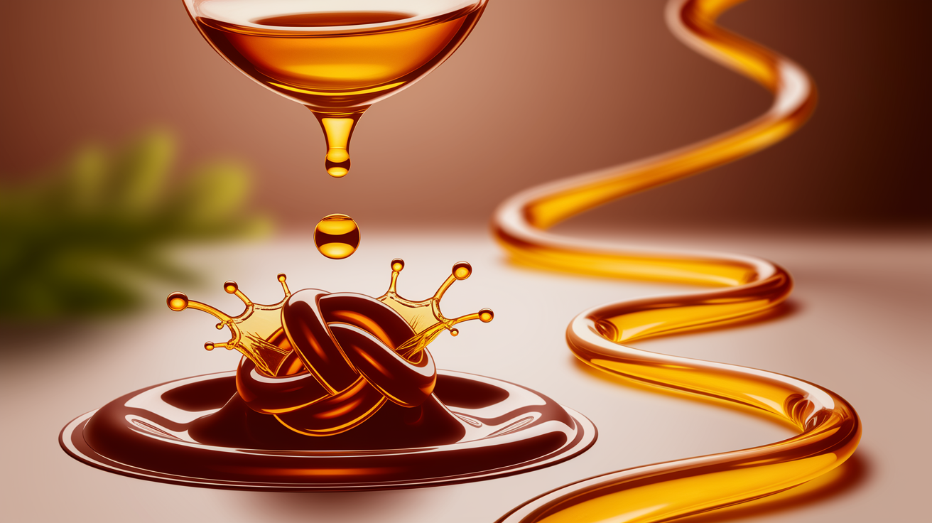 A conceptual illustration representing "Oil-Powered Relief: Quick Answer to Constipation." Visualize a single drop of golden, viscous oil cascading or splashing onto something symbolic of immediate, gentle relief the end of blockage or discomfort. This could manifest as a visual metaphor: perhaps the oil dissolving a stylized, abstract knot or blockage, or flowing smoothly through a winding, organic pathway previously constricted. Emphasize the speed and ease of the "quick answer." Style: Employ a shallow depth of field with selective focus on the point of impact or resolution, creating a professional, intimate, and visually engaging feel. Use warm, inviting tones that evokes comfort and ease. High quality, detailed, professional, clean composition, good lighting highlighting the texture and flow of the oil, sharp focus on the key action, and a well-composed frame that clearly communicates the concept.