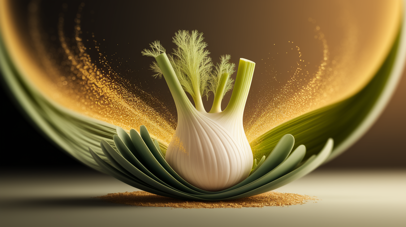 A conceptual illustration representing "Fennel Oil: Stimulate and Soften." Visualize the dual action: a delicate but powerful energy surge suggesting "stimulate," perhaps depicted as subtle, warm light waves or ethereal golden particles originating from or around a focal element, contrasted with a sense of gentle, soothing smoothness, perhaps represented by blurred textures of softness or stylized flowing forms. A key visual element should be present – perhaps a stylized, elegant depiction of a fennel bulb and fronds, or a single, perfect fennel seed, serving as the anchor for these conceptual energies. The composition should be professional and clean, focusing on the interplay of these two abstract concepts. Employ shallow depth of field with selective focus, drawing the eye to the core element and creating an intimate feel. Use a warm color palette (golden yellows, soft greens, earthy browns) to evoke warmth and comfort. Ensure high quality, detailed rendering, sharp focus on the key element, excellent lighting that enhances the textures and conveys warmth, and a