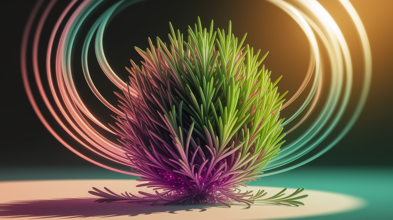 A conceptual illustration representing Rosemary Oil: Jump-Start Your Gut. Visualize the dynamic, energetic boost Rosemary Oil provides to the digestive system. Focus on a cluster of vibrant, fragrant rosemary sprigs bursting outwards, as if radiating energy. Incorporate subtle, stylized visual cues suggesting movement and vitality within the gut – perhaps using abstract, flowing lines or gentle gradients emanating from the rosemary center. Style: Utilize a shallow depth of field with sharp focus on the central rosemary cluster, blurring the background to create a professional, intimate, and focused feel. Employ warm, inviting lighting, highlighting the texture and green hues of the rosemary. Ensure a clean, professional composition with excellent detail and sharp focus throughout the areas in focus. High quality, detailed, well-composed, professional.