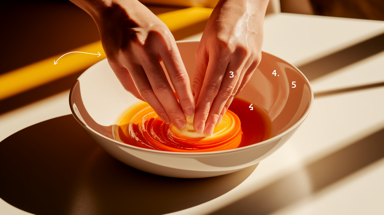 Extreme close-up, high angle, capturing the gentle, sequential movements of mixing ingredients in a pristine ceramic bowl. Each step is clearly delineated by subtle visual cues. Arrows subtly guide the viewer's eye from one action to the next. Numbered steps, beautifully rendered in a clean, sans-serif font, are integrated into the composition without being obtrusive. The focus is hyper-sharp on the hands and the ingredients in action, creating a shallow depth of field that blurs the background into warm, inviting tones of soft ochre and creamy white. Sunlight streams in from the side, casting dramatic yet soft shadows, highlighting the textures of the ingredients – perhaps the glossy sheen of a liquid or the grainy quality of a powder. The composition is meticulously clean and uncluttered, emphasizing the simplicity and clarity of the mixing process. Professional, instructional, high-quality detail.