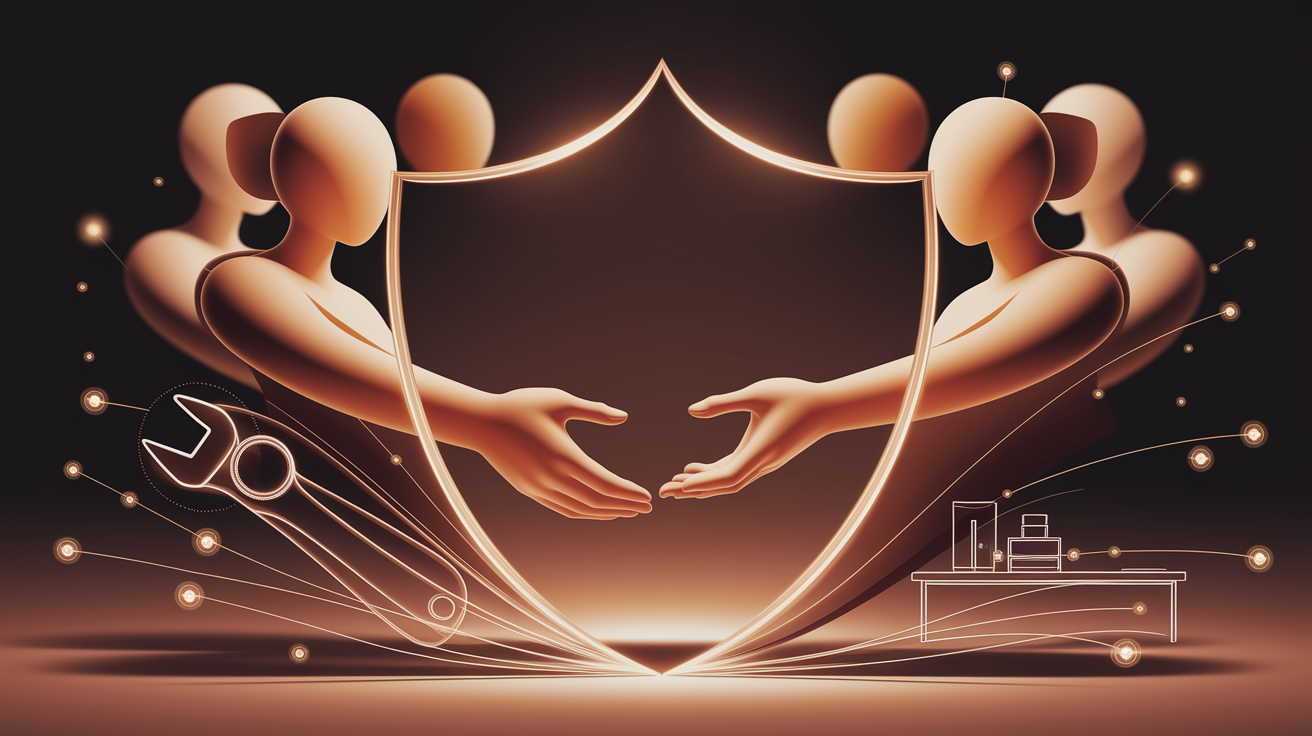 Conceptual illustration: Abstract human figures, subtly interlocking, forming a protective barrier or shield, symbolizing collective responsibility and safeguarding. One central figure extends a gentle, open hand towards another, representing care and support. Scattered around the base are stylized, simplified visual elements: a stylized wrench and gear (representing diligence and tool safety), a subtle, flowing outline of a clean workspace (representing order and hazard prevention), and miniature, glowing golden nodes connected by faint lines (representing communication and vigilance). Shallow depth of field with selective focus on the central figures and interacting hands, blurring the surrounding elements subtly to create a professional, intimate feel. Warm, golden and earthy tones dominate the color palette, highlighting safety and security. High quality, detailed, professional, clean composition, good lighting emphasizing the warmth, sharp focus on the key elements, well-composed with balance and flow.