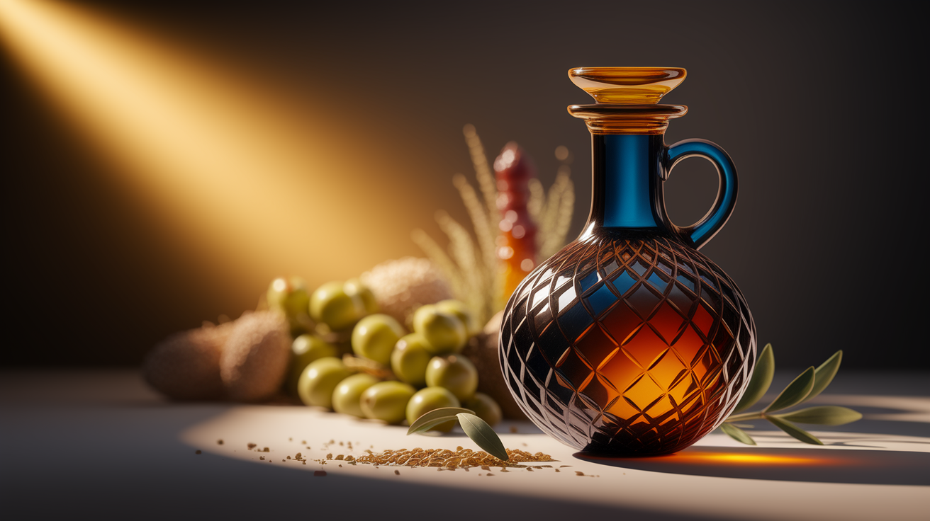 A professional, intimate, and warm conceptual illustration with shallow depth of field and selective focus, demonstrating the protection of high-quality oils from light. A single, elegant dark amber or cobalt blue glass bottle containing liquid of golden hue is positioned prominently in the foreground. Sunlight streams gently from the side, casting soft light but is visibly blocked by the dark glass of the oil bottle. Hints of raw ingredients (like olives, essential oil botanicals, or seeds) are subtly blurred in the background, emphasizing the preciousness of the oil being shielded. The composition is clean and well-balanced, with sharp focus on the texture and details of the dark glass and the liquid within. Lighting is warm and inviting, creating a high-quality, professional, and detailed visual representation.