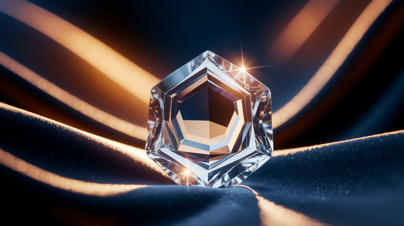 Conceptual illustration: A single, pristine ice crystal, exquisitely detailed and glowing internally with a cool, hidden light, rests upon a dark, velvety surface. Shallow depth of field dramatically isolates the ice crystal, blurring everything else into a wash of warm, golden light originating from an unseen source. Rich textures contrast: the sharp facets of the ice against the soft fabric below. High quality, professional, clean composition, precise lighting creating subtle volumetric shadows, sharp focus on the ice crystal, meticulously well-composed.